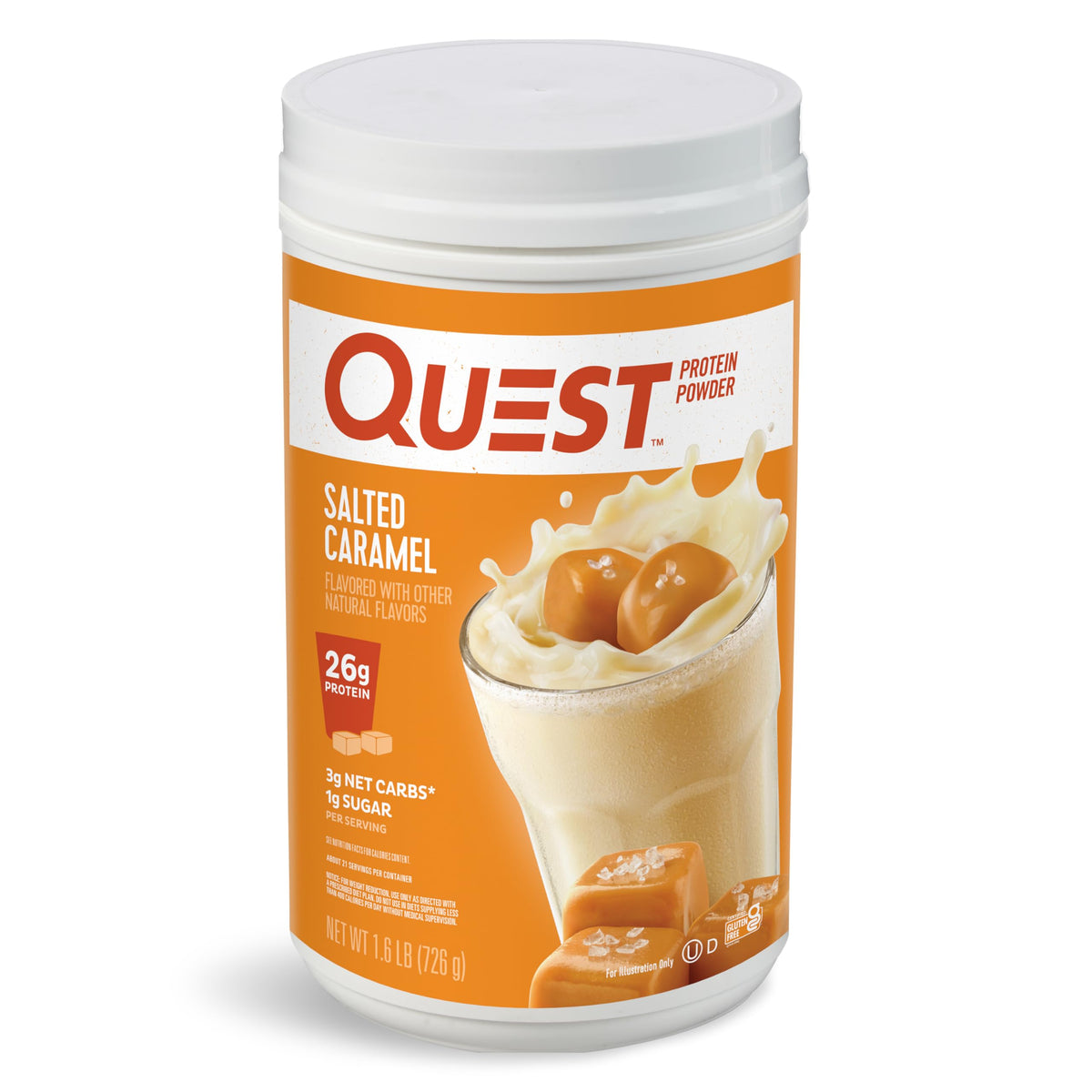 Quest envase frontal del polvo con sabor caramelo salado, práctico y nutritivo