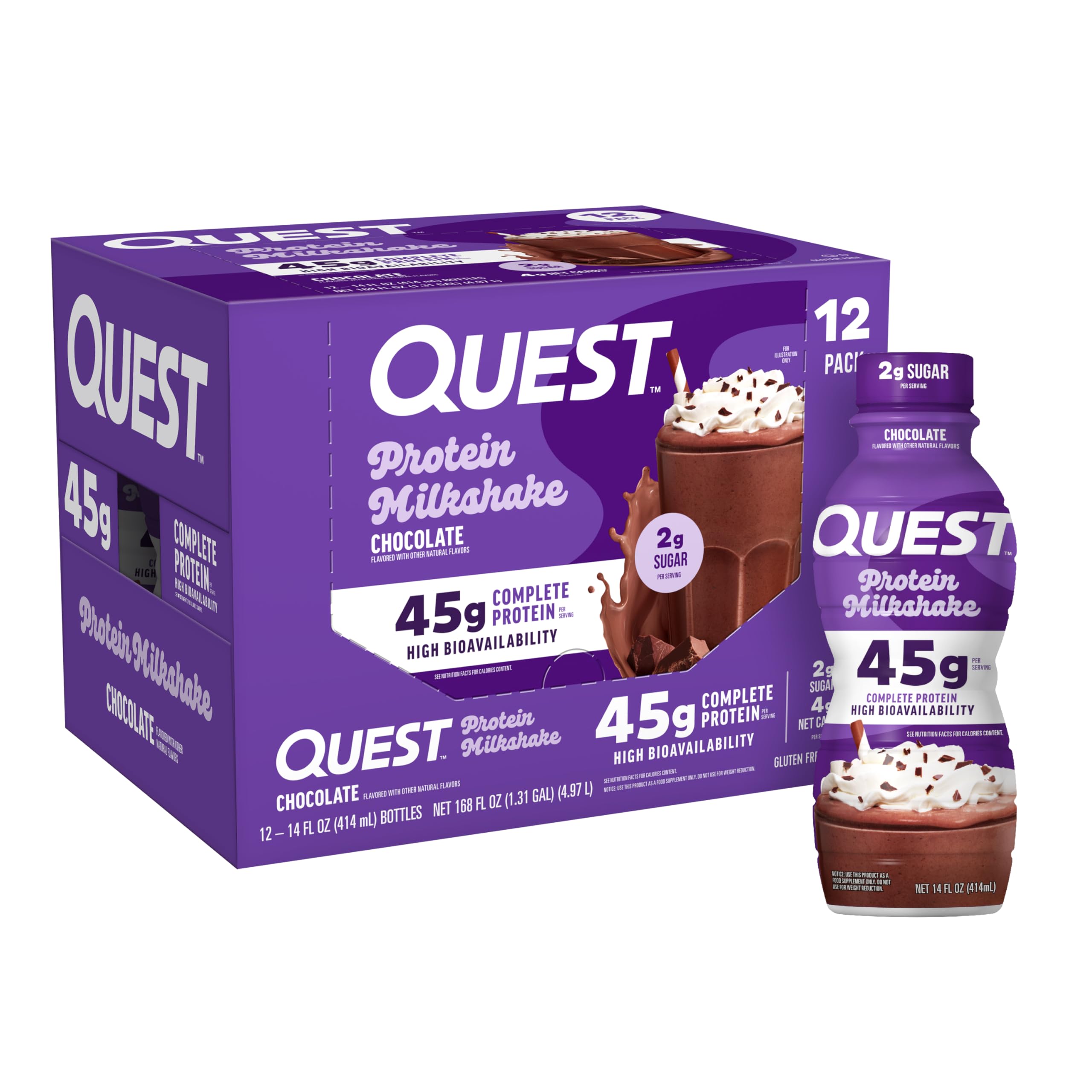 Quest botella frontal mostrando etiqueta y chocolate cremoso, ideal para aporte proteico