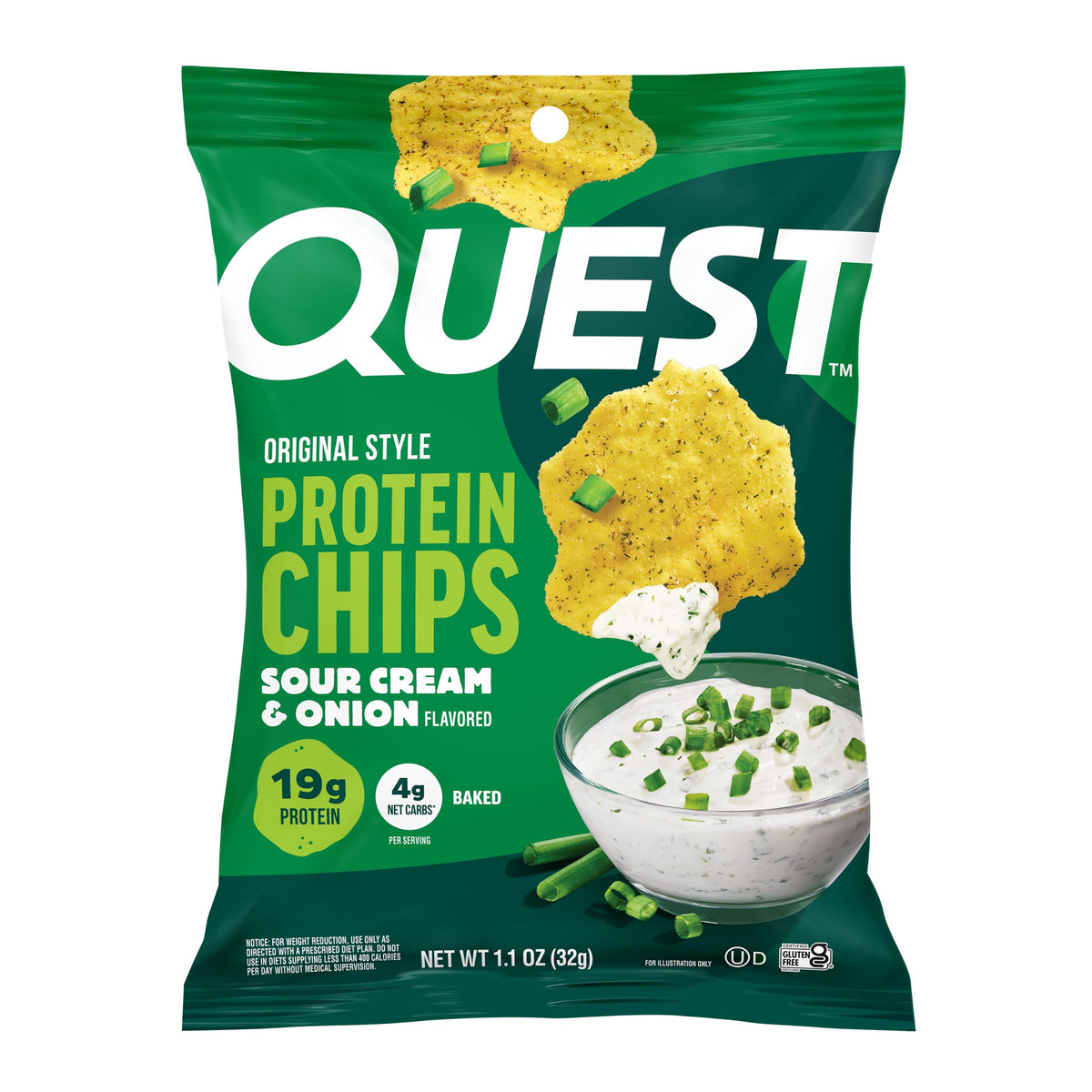 Quest empaque frontal crema agria y cebolla, proteína visible