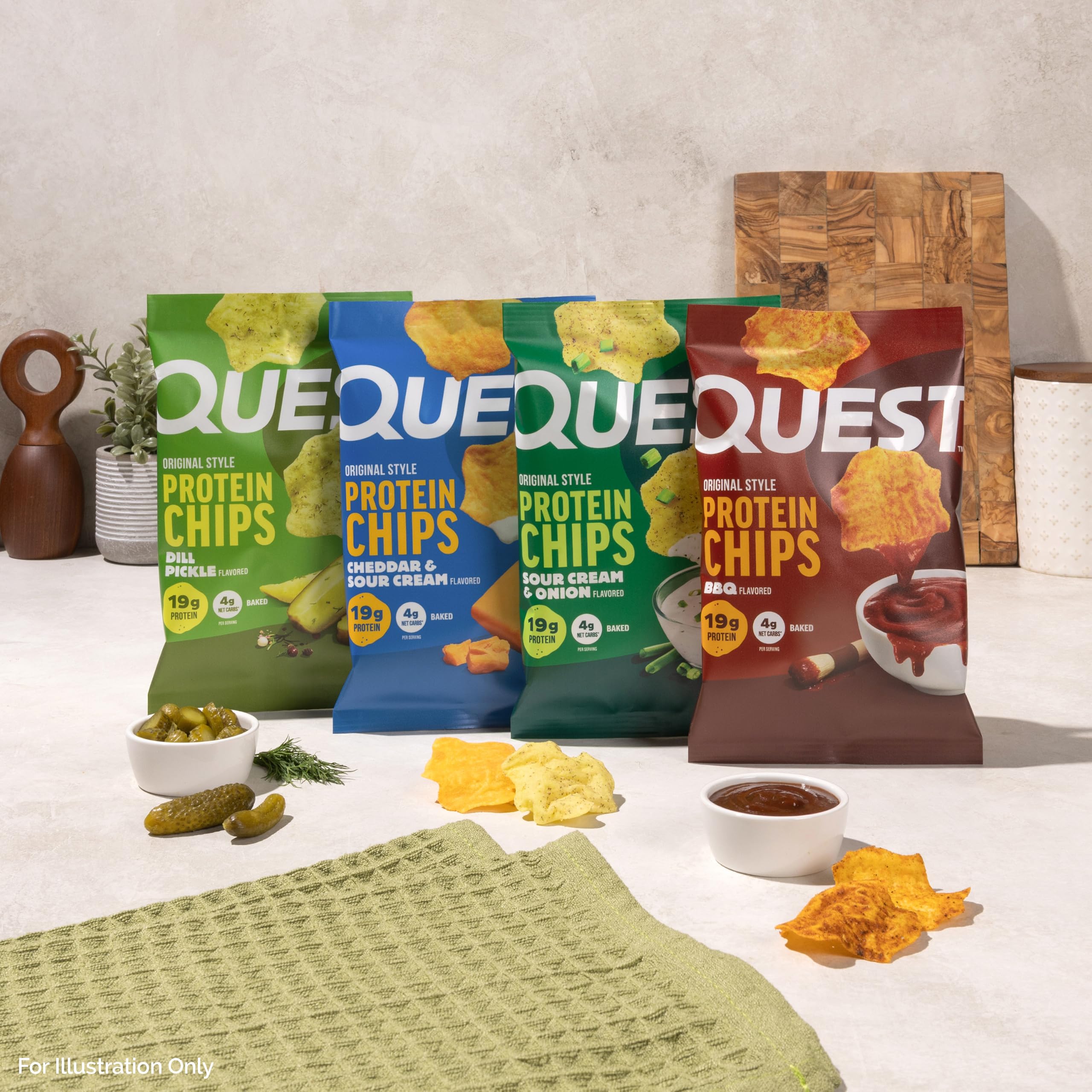 Quest chips junto a dip, perfecto para picoteo sabroso