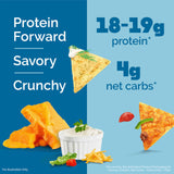 Quest primer plano textura crujiente del chip mostrando proteína y sabor