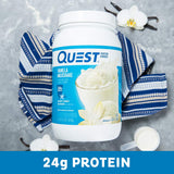 Vaso con batido Quest vainilla preparado, sabor cremoso y bajo en azúcar