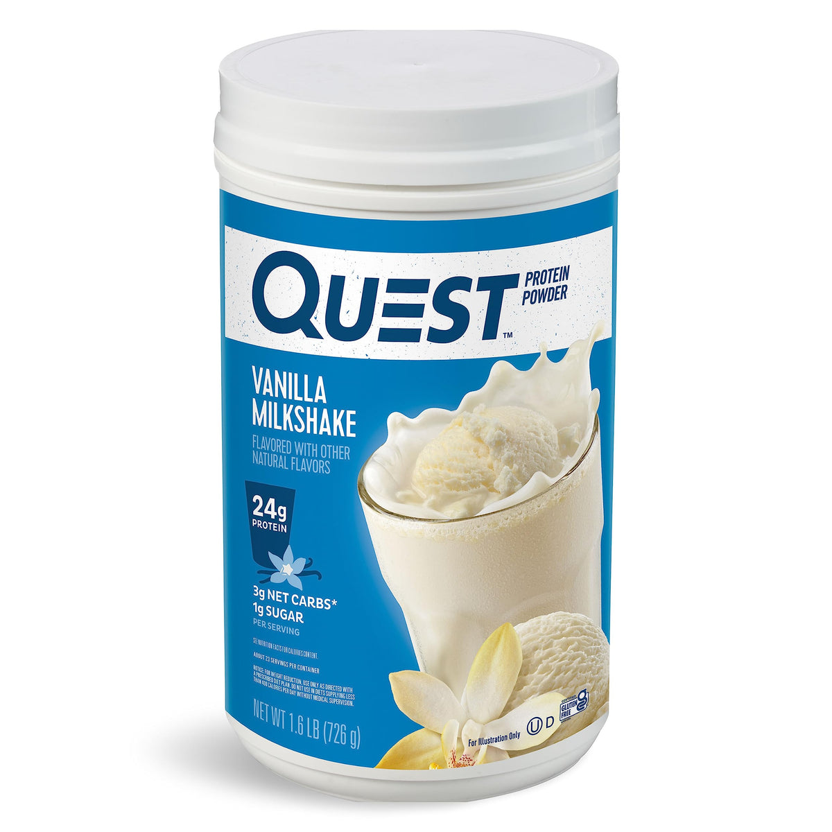 Quest envase frontal mostrando marca y sabor vainilla, fácil identificación del producto