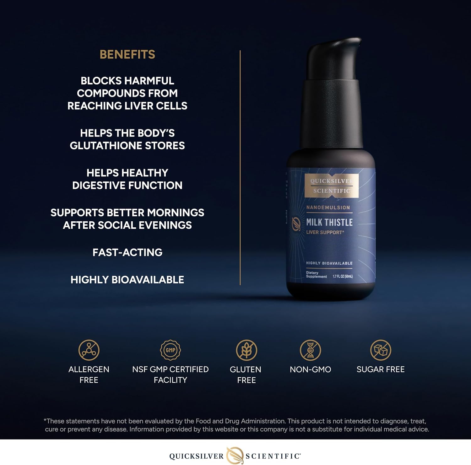 Quicksilver Scientific botella de 50 ml junto a objetos para escala, tamaño compacto