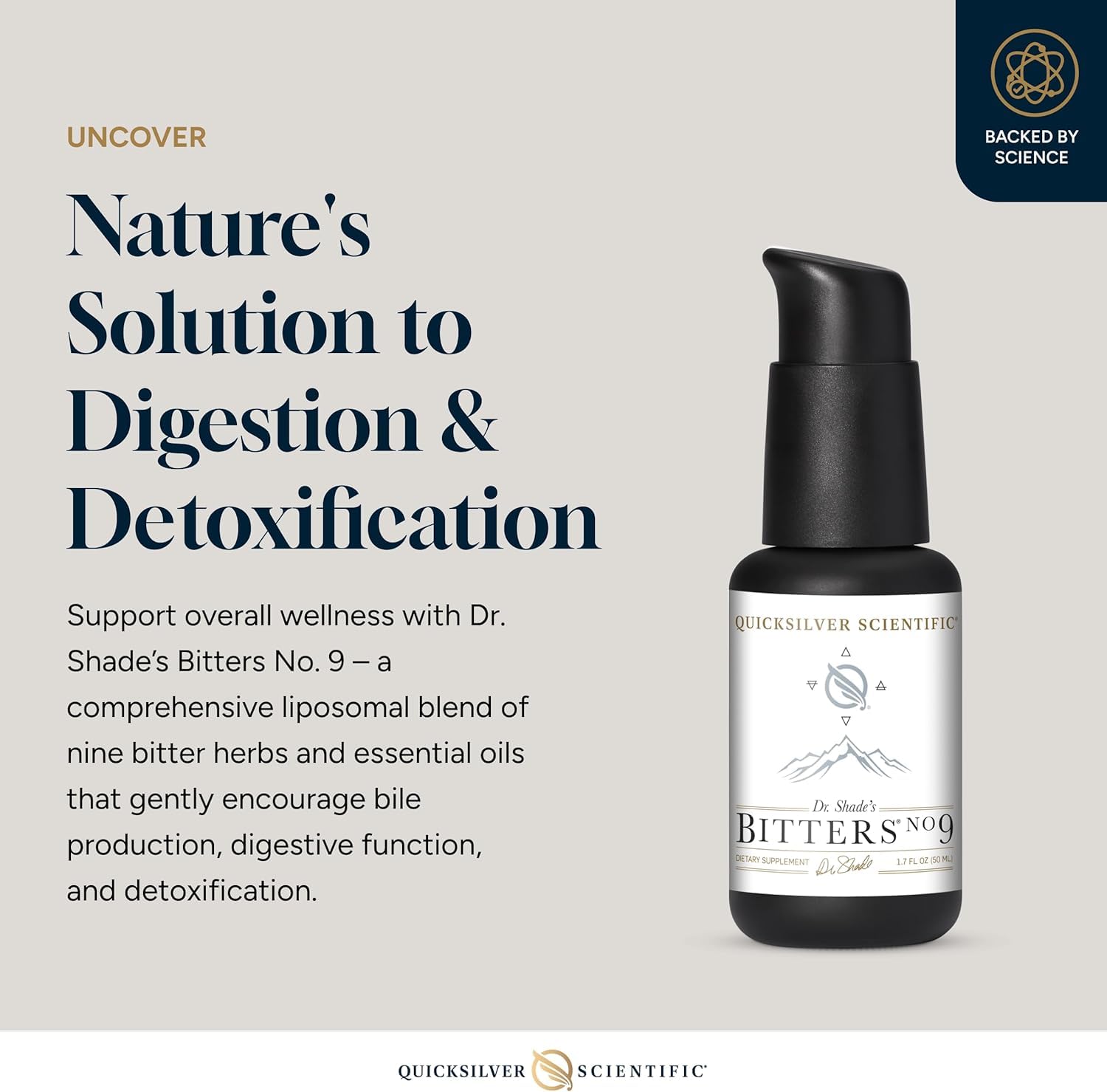 Quicksilver gota liposomal iluminada, ilustra absorción rápida y textura líquida