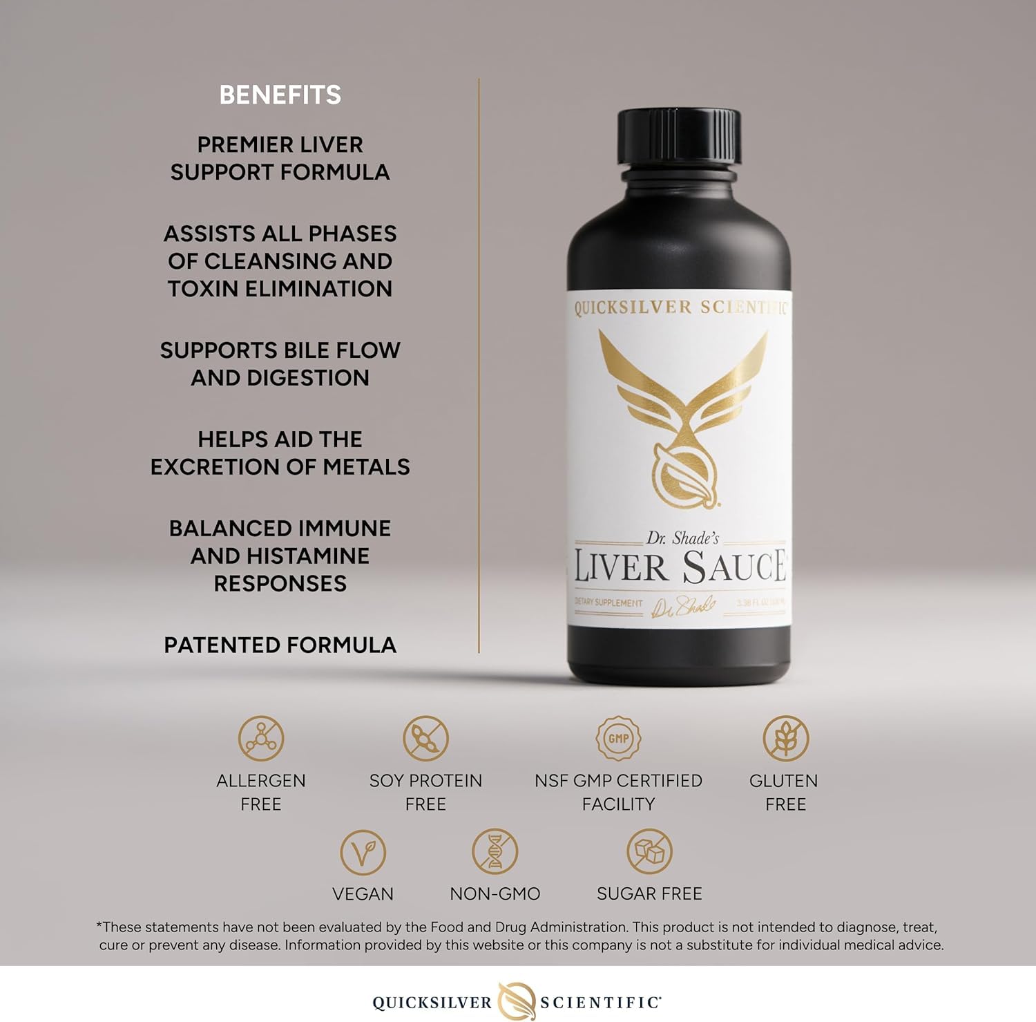 Quicksilver Liver Sauce en uso diario junto a vaso de agua para soporte hepático práctico