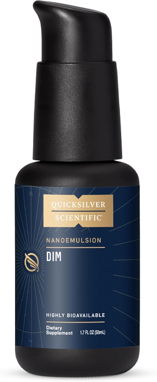 Quicksilver Scientific botella frontal mostrando DIM y ventaja de absorción rápida