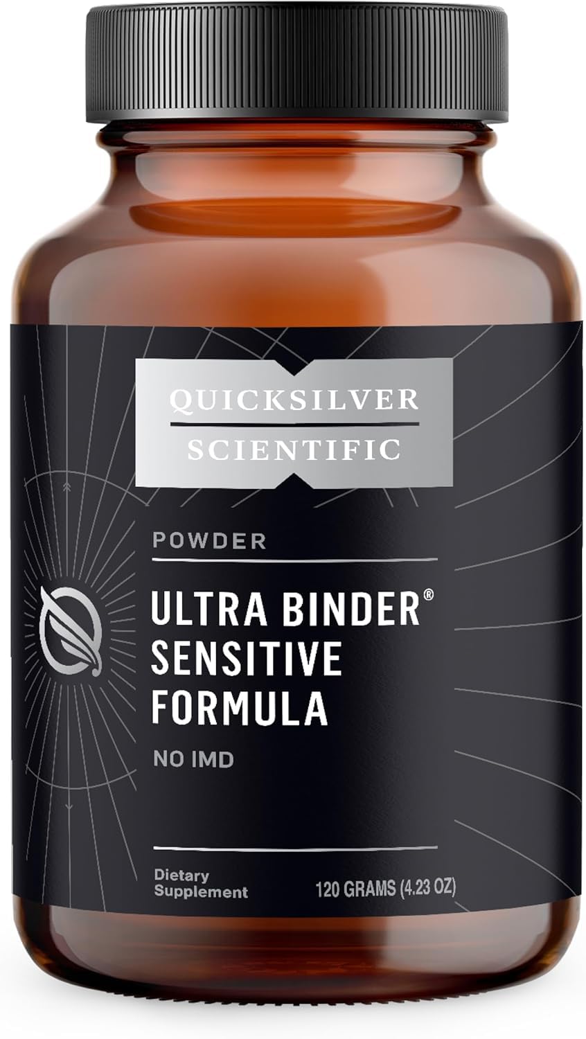 Quicksilver Scientific frasco frontal del Ultra Binder Sensitive mostrando el envase y beneficio de mezcla fácil