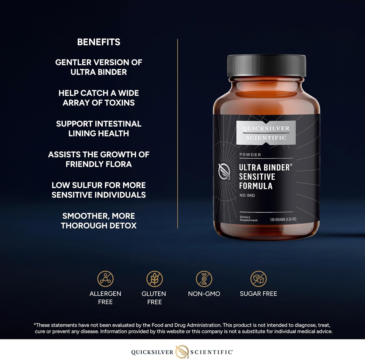 Quicksilver Scientific comparación de tamaño del envase 120 g de Ultra Binder Sensitive para referencia de porciones