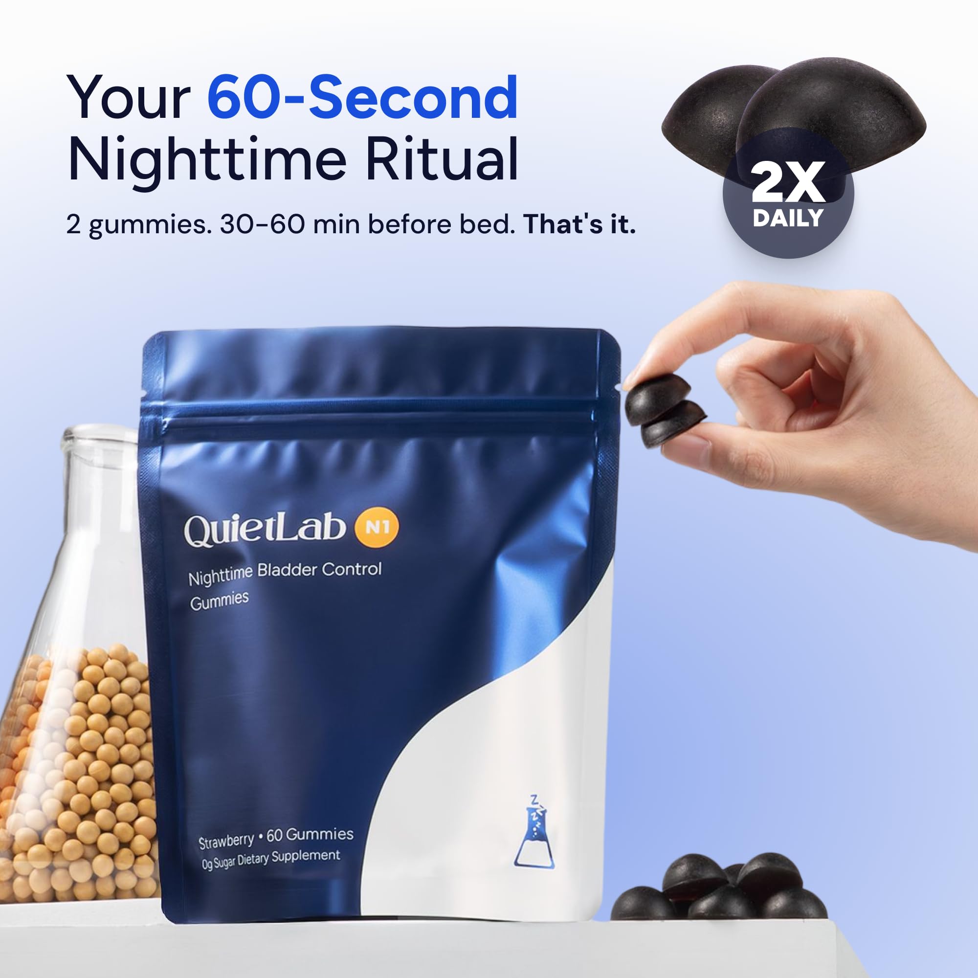 QuietLab gomita en mano indicando tamaño y dosis fácil de masticar
