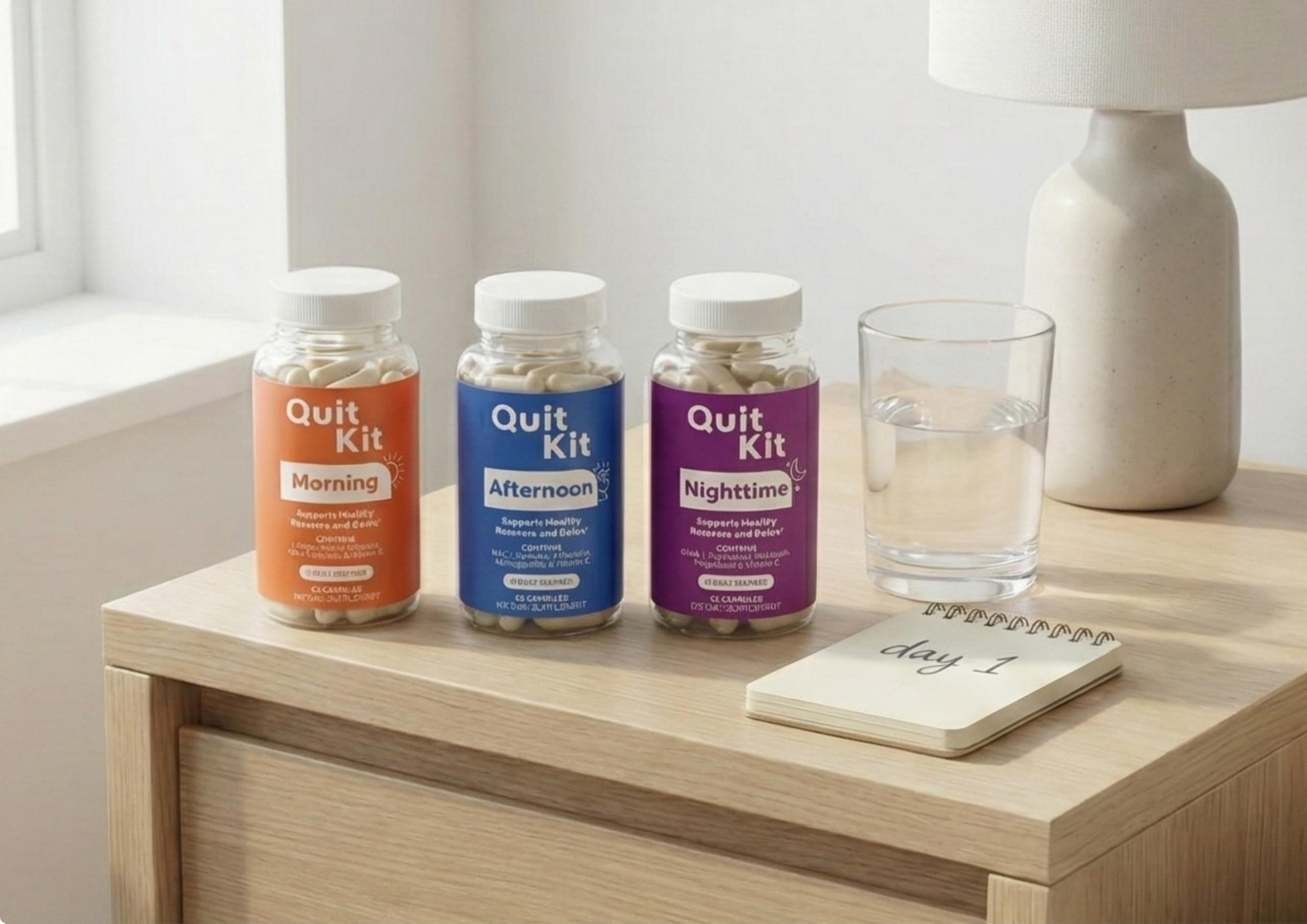 Quit Kit toma matutina con vaso mostrando apoyo a energía y concentración