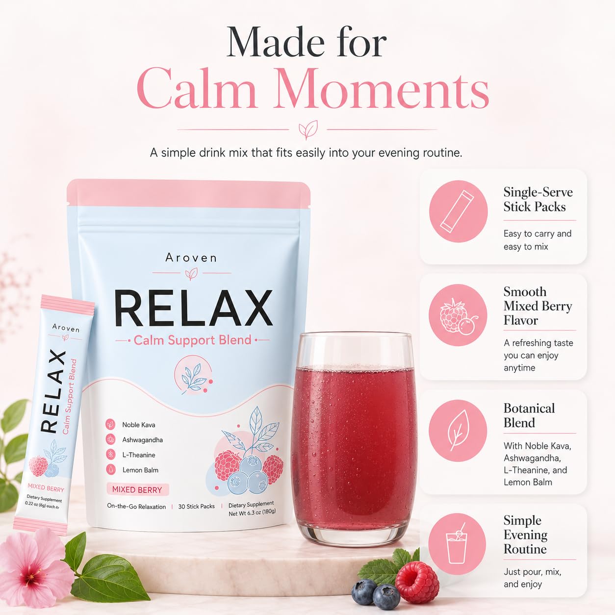 QUIVERA vaso con bebida de frutos rojos listo para beber y sensación de calma