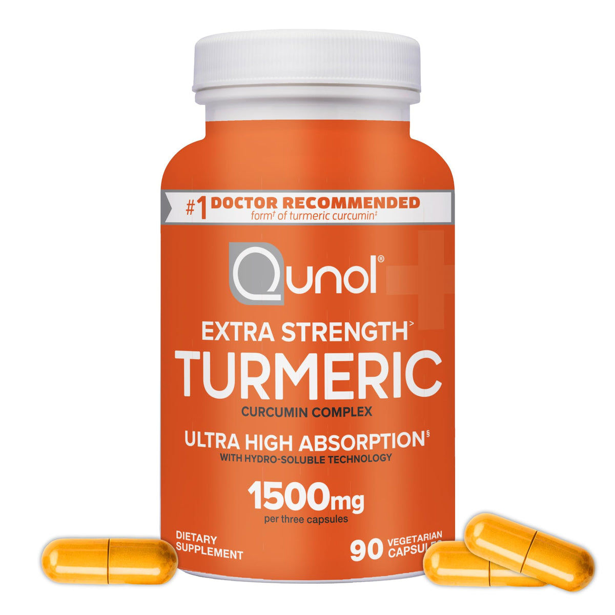 Qunol frasco frontal mostrando diseño y beneficio de alta absorción