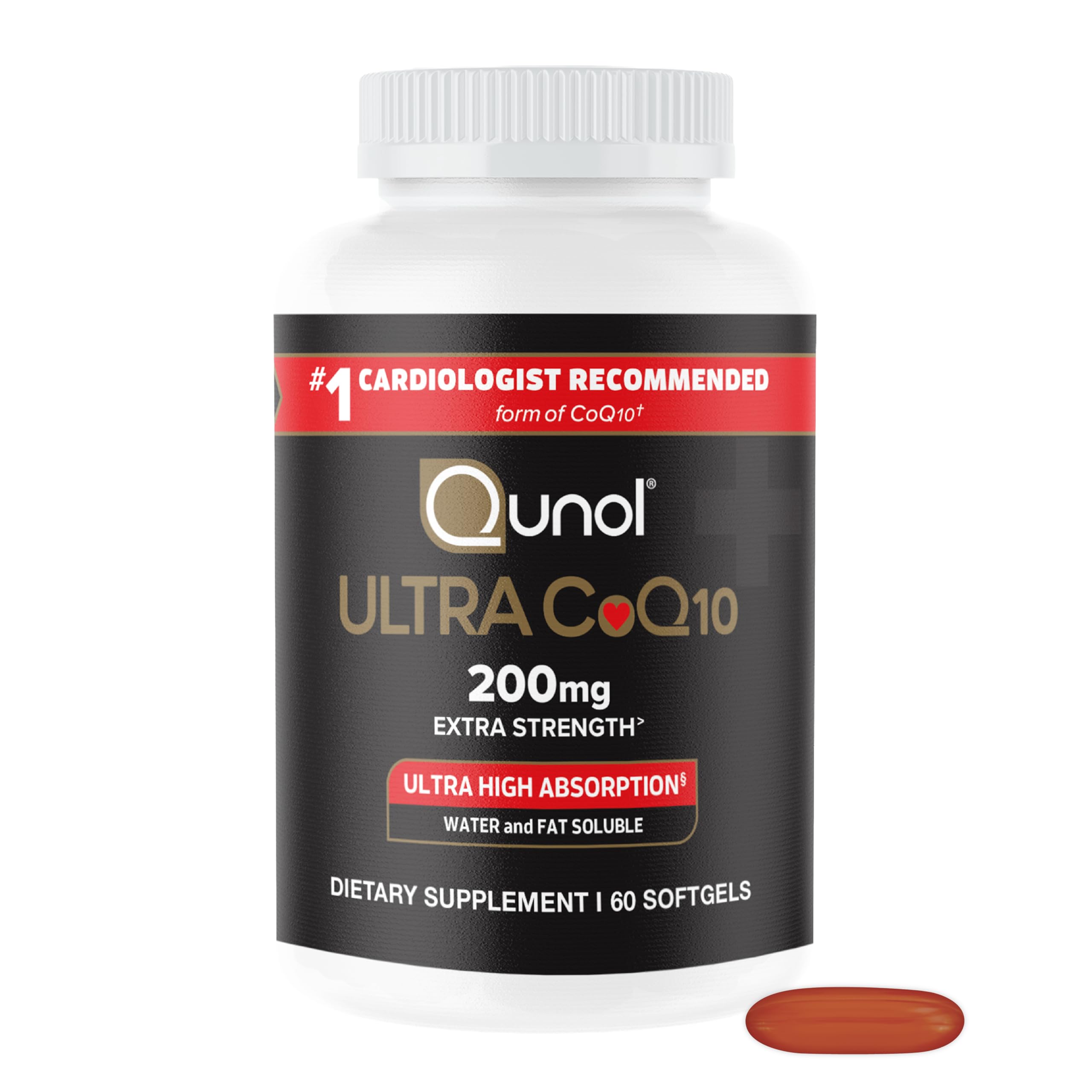 Qunol envase frontal mostrando CoQ10 200 mg y beneficio de alta absorción
