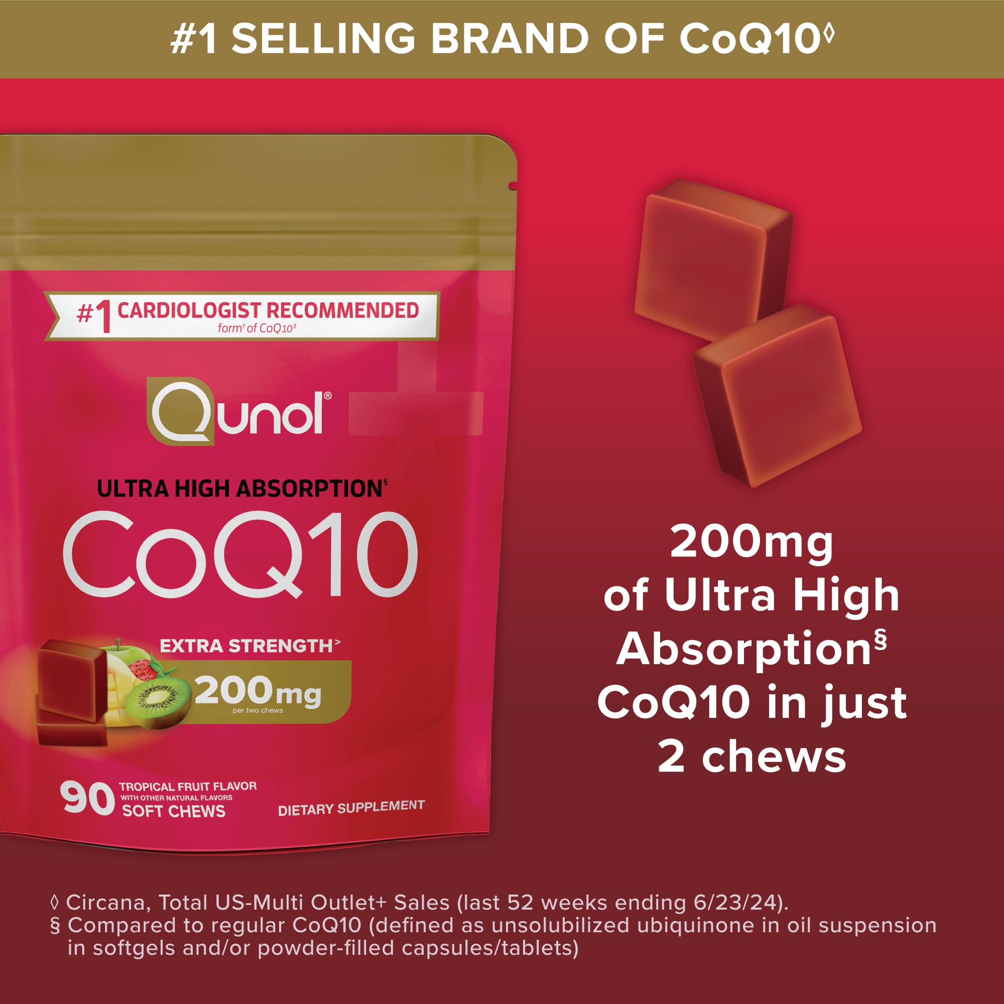 Qunol etiqueta nutricional visible con dosis de 200 mg por 2 masticables