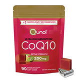 Qunol frasco frontal mostrando 90 masticables y beneficios de absorción