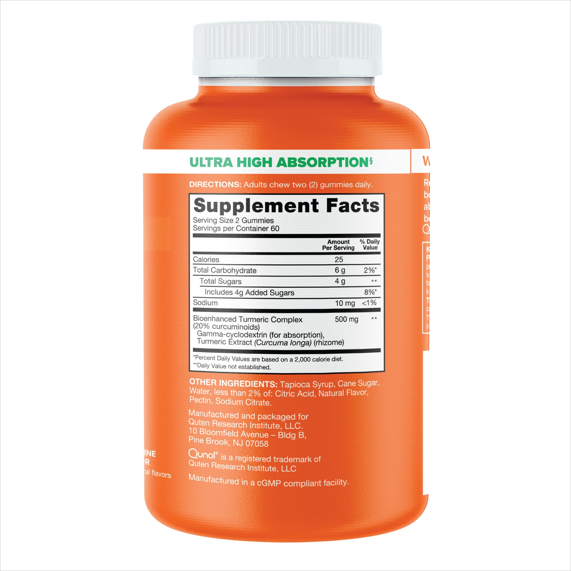 Etiqueta nutricional de Qunol mostrando 500 mg y contenido por porción