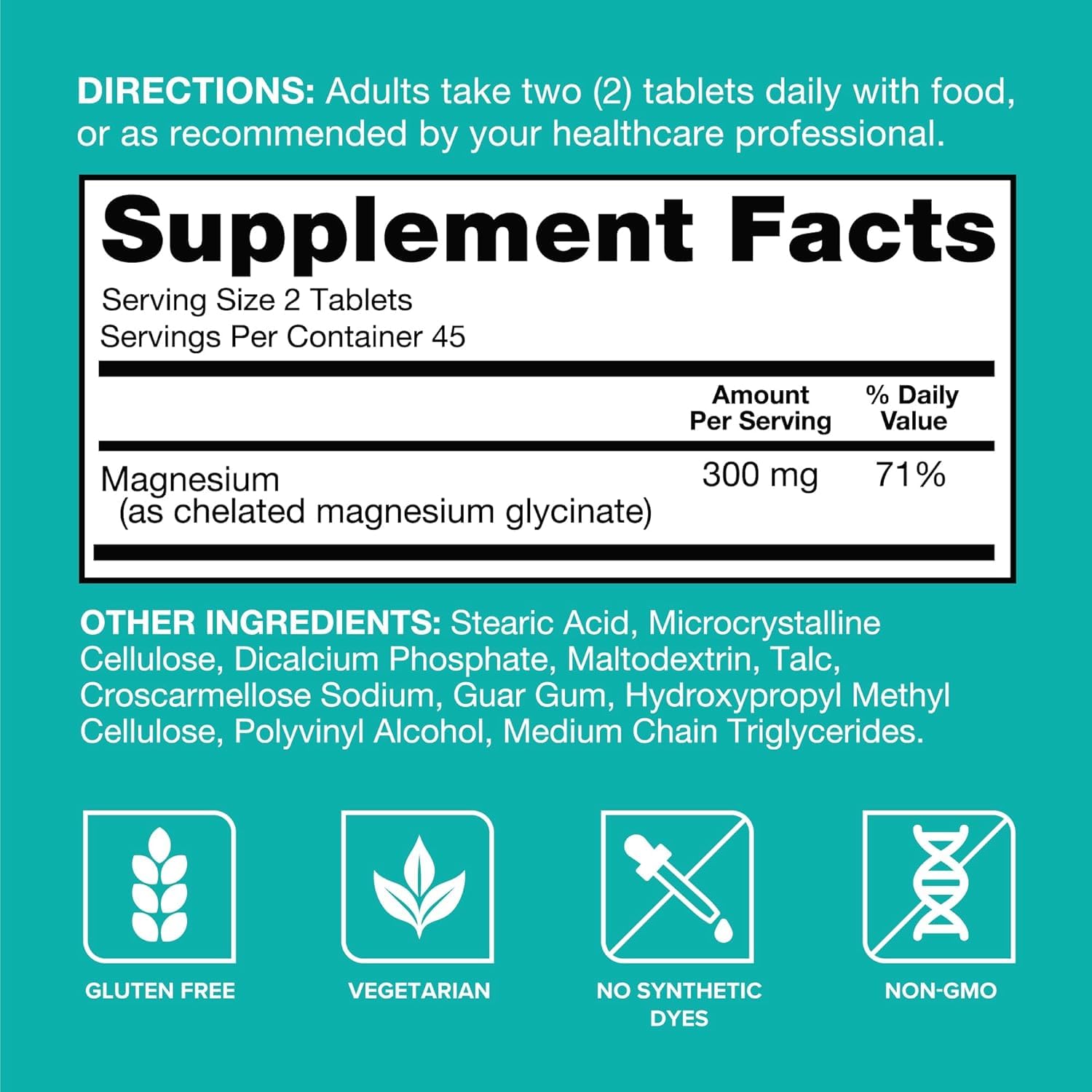 Qunol etiqueta nutricional con información de magnesio y glicinato
