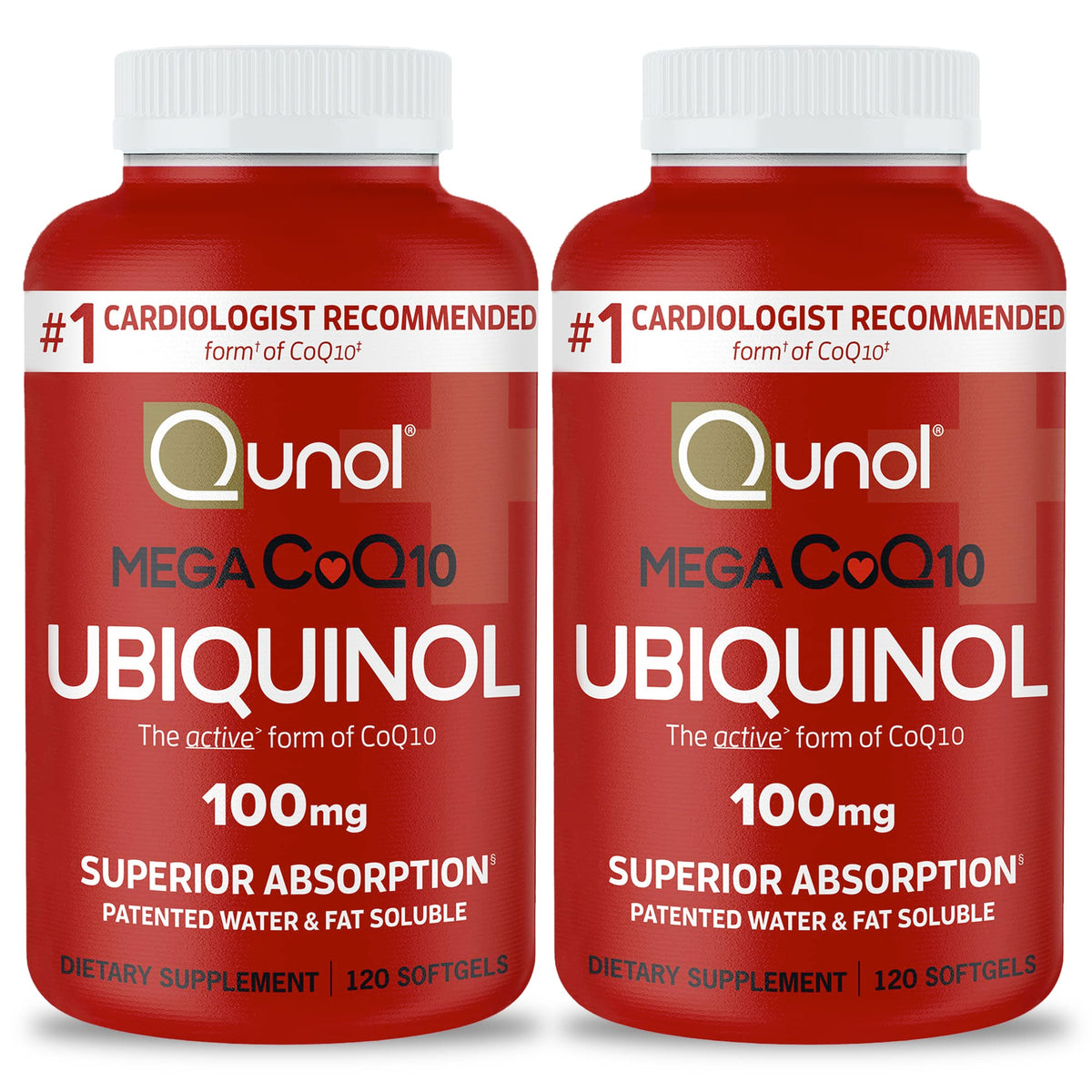 Qunol frasco frontal mostrando etiqueta clara y beneficio de absorción