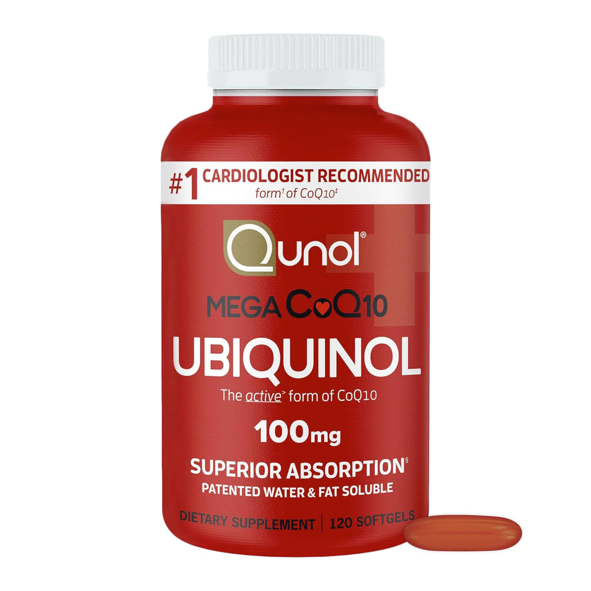 Qunol frasco frontal mostrando 120 cápsulas, fácil identificación del producto