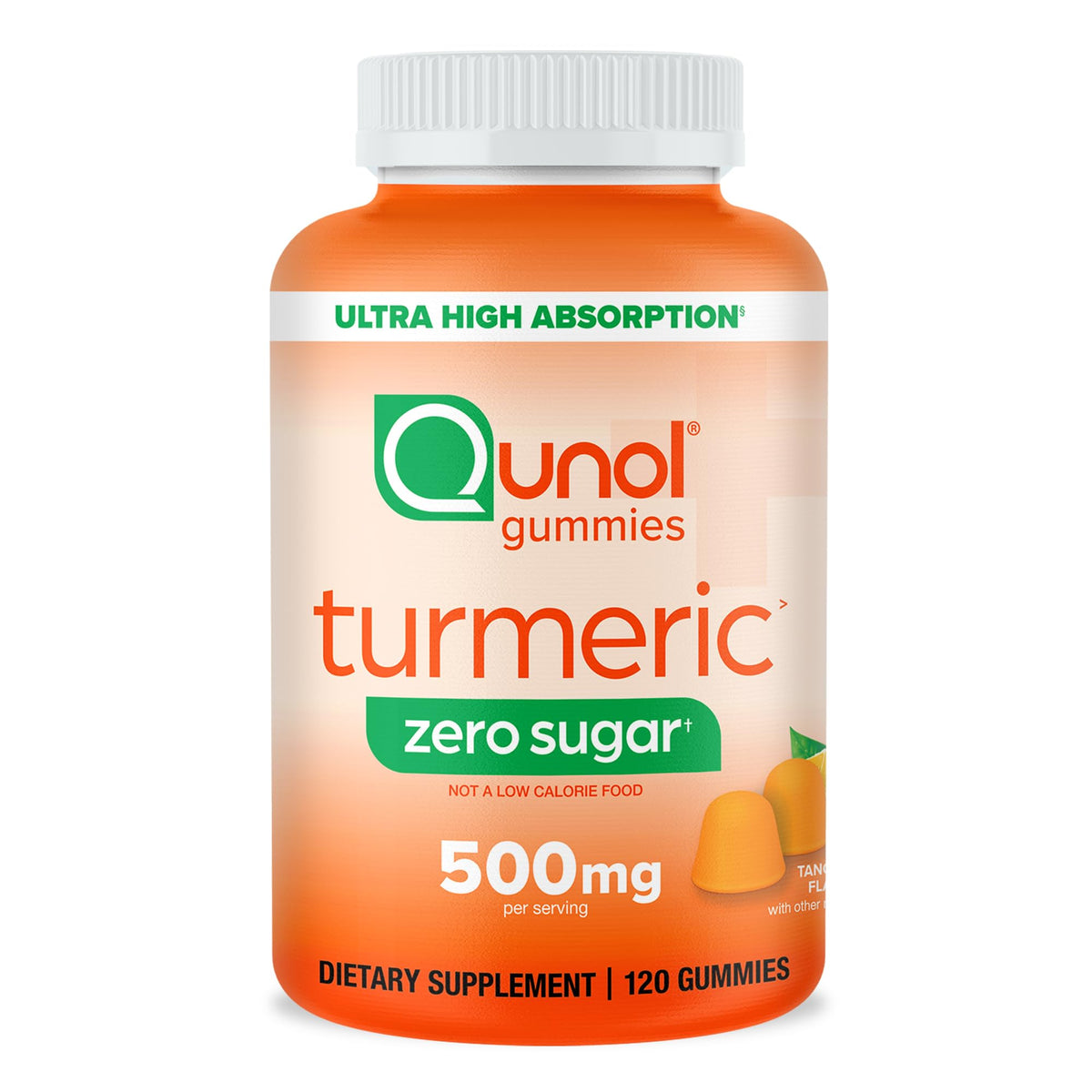 Qunol frente del envase que muestra 120 gominolas y beneficios claros