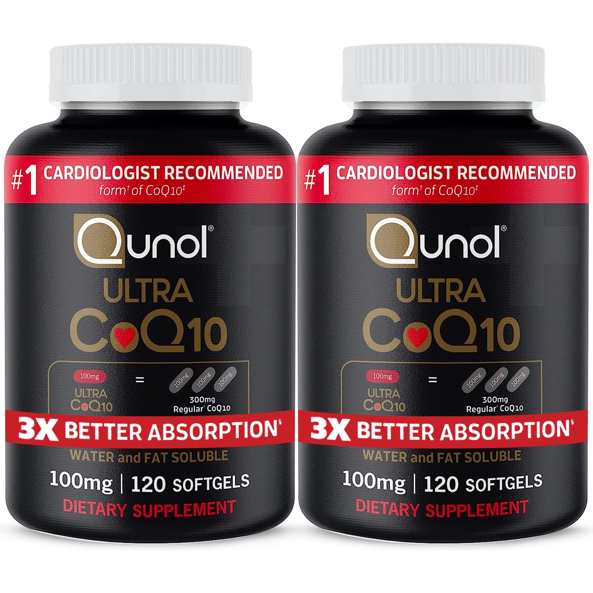 Qunol frasco frontal Ultra CoQ10 100 mg, fácil identificación y beneficio de absorción
