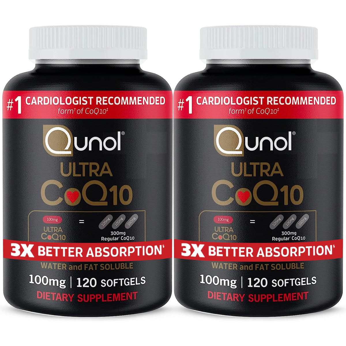 Qunol frasco frontal Ultra CoQ10 100 mg, fácil identificación y beneficio de absorción