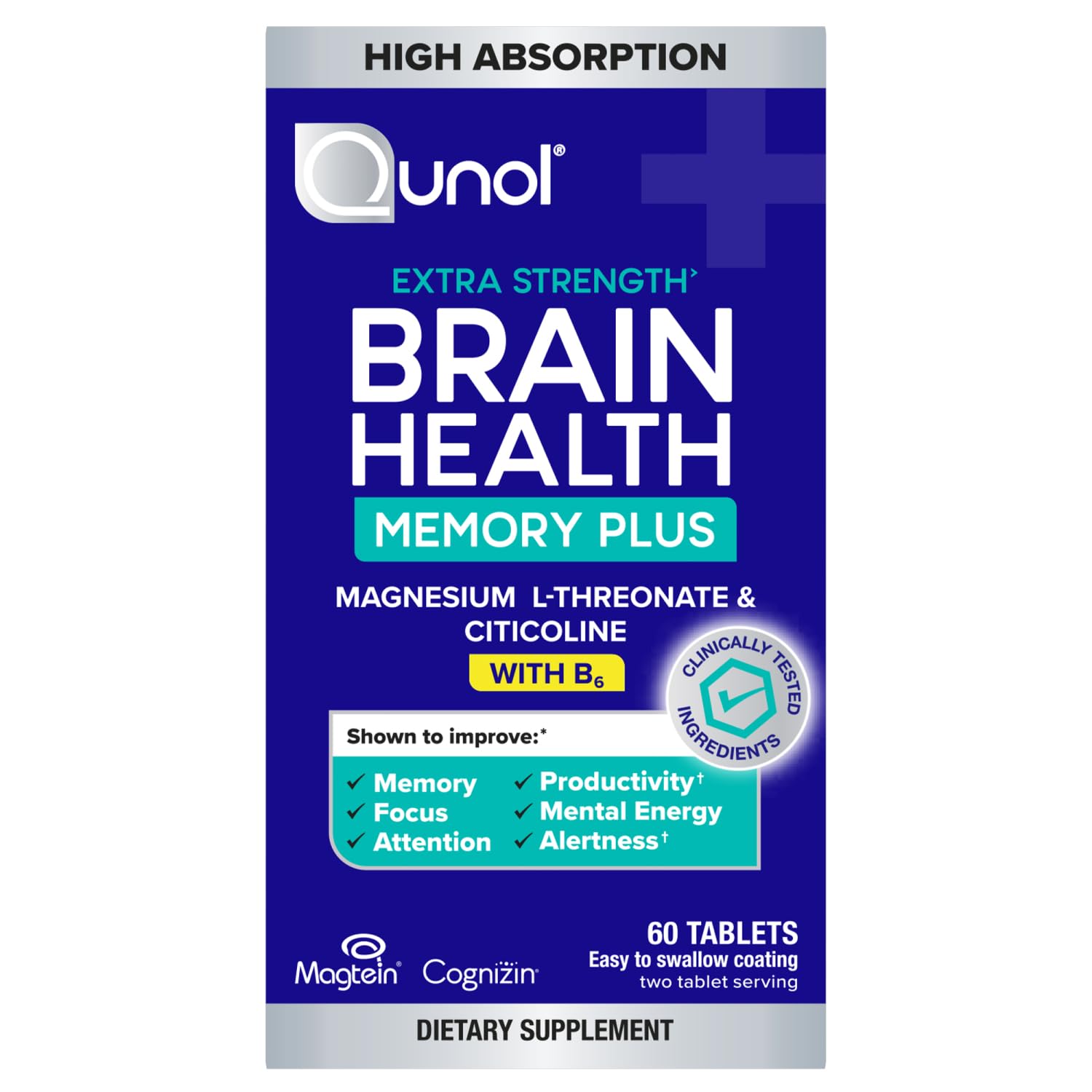Qunol frontal del envase mostrando la marca y beneficios para la memoria
