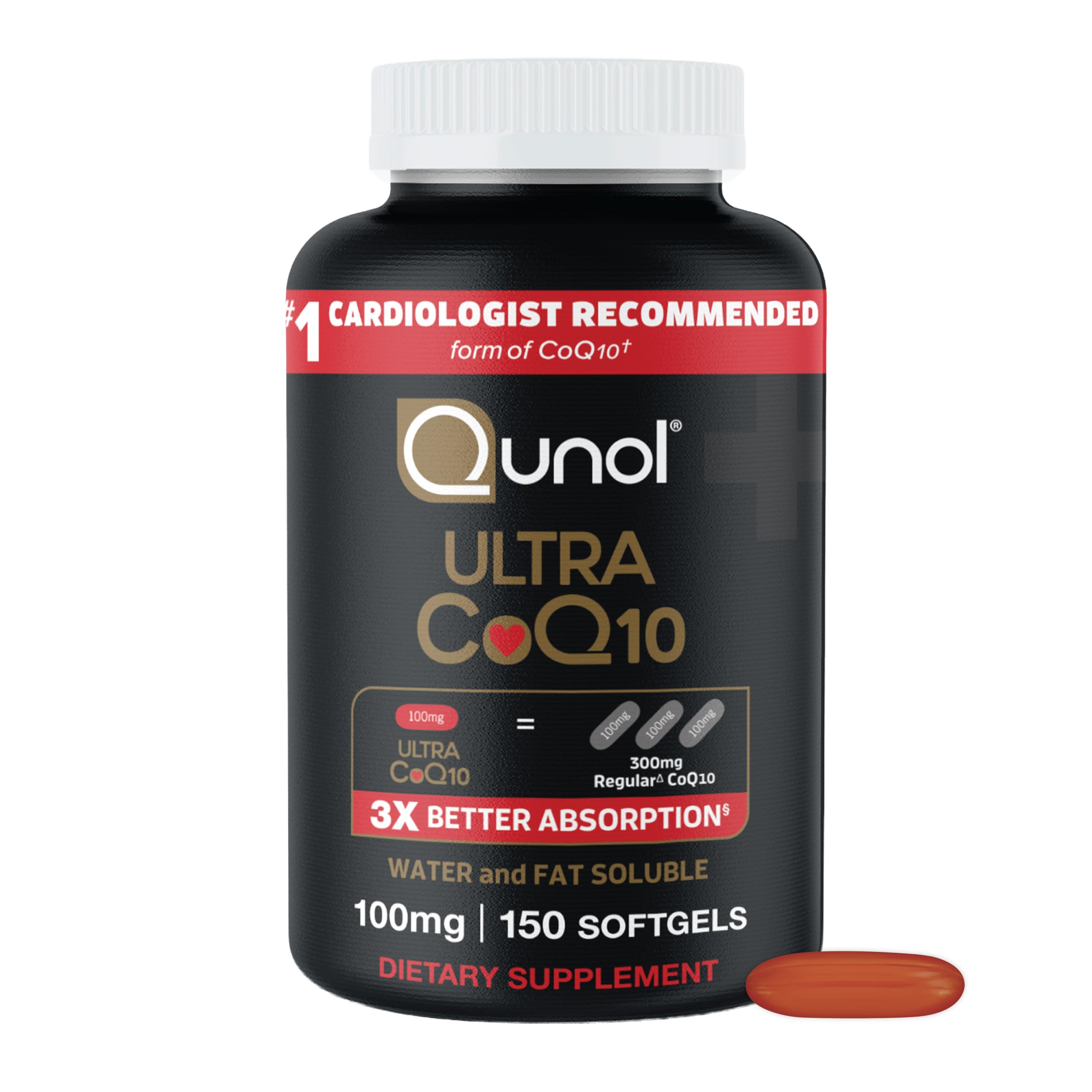 Qunol frontal del envase mostrando 150 cápsulas y beneficio de alta absorción