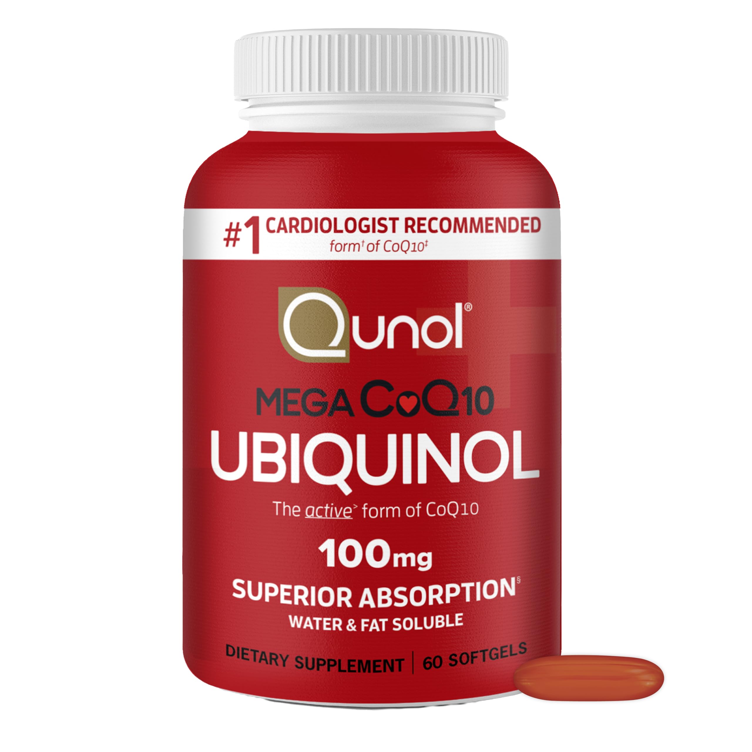 Qunol frontal del envase mostrando 60 cápsulas y beneficio de absorción superior