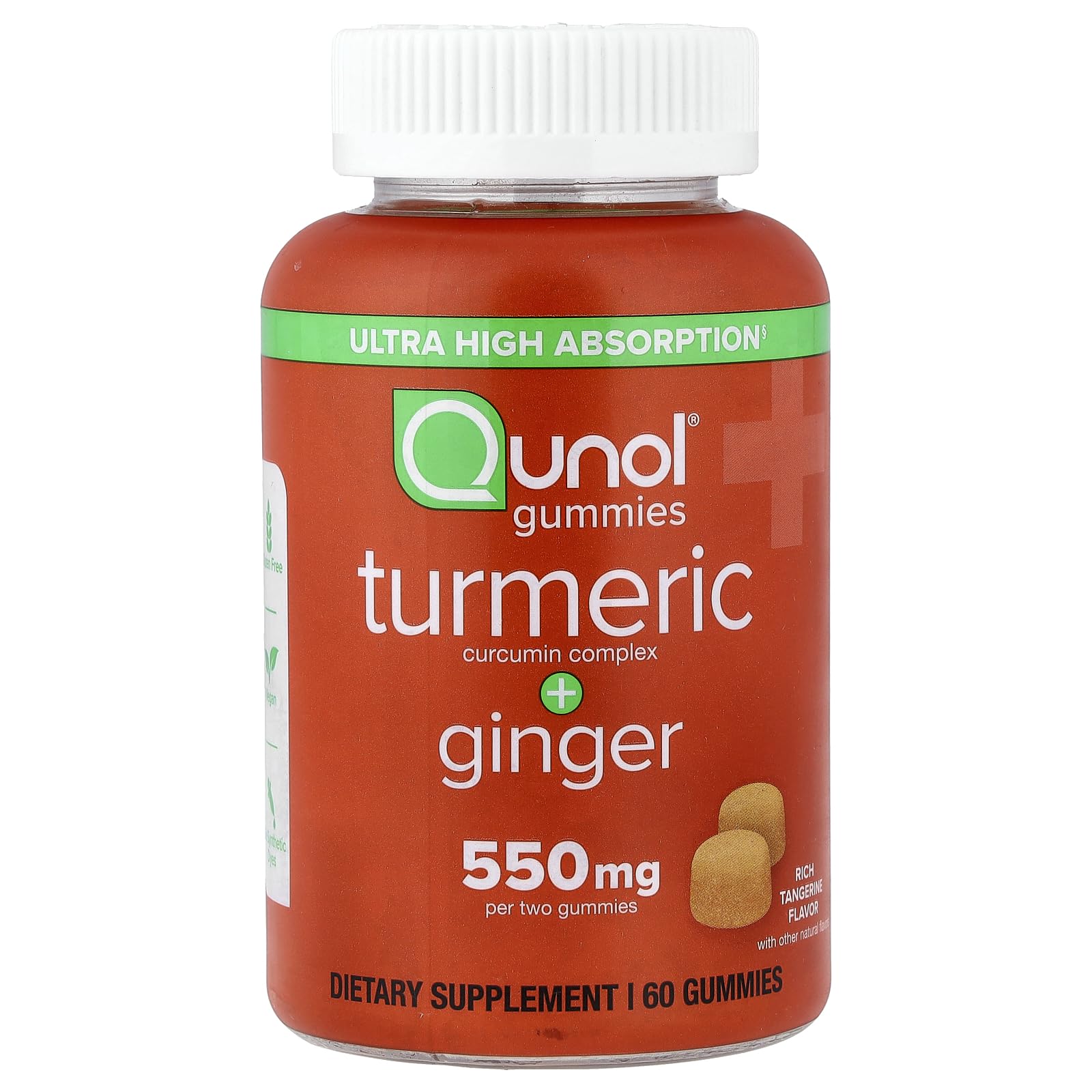 Qunol frasco frontal con gomitas naranja, fácil de tomar y sabroso