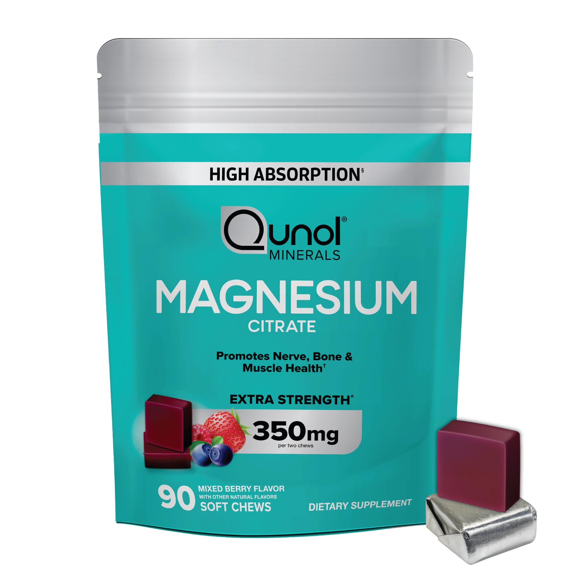 Qunol masticables frontal mostrando envase y beneficios