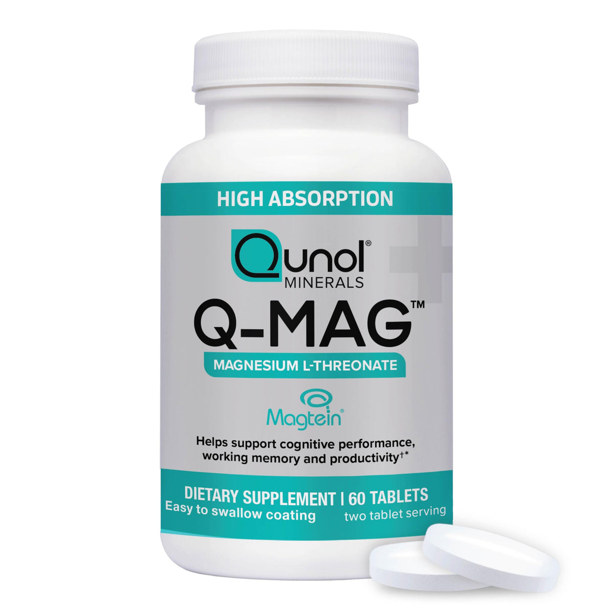 Qunol empaque frontal claro mostrando 60 tabletas y beneficio cognitivo
