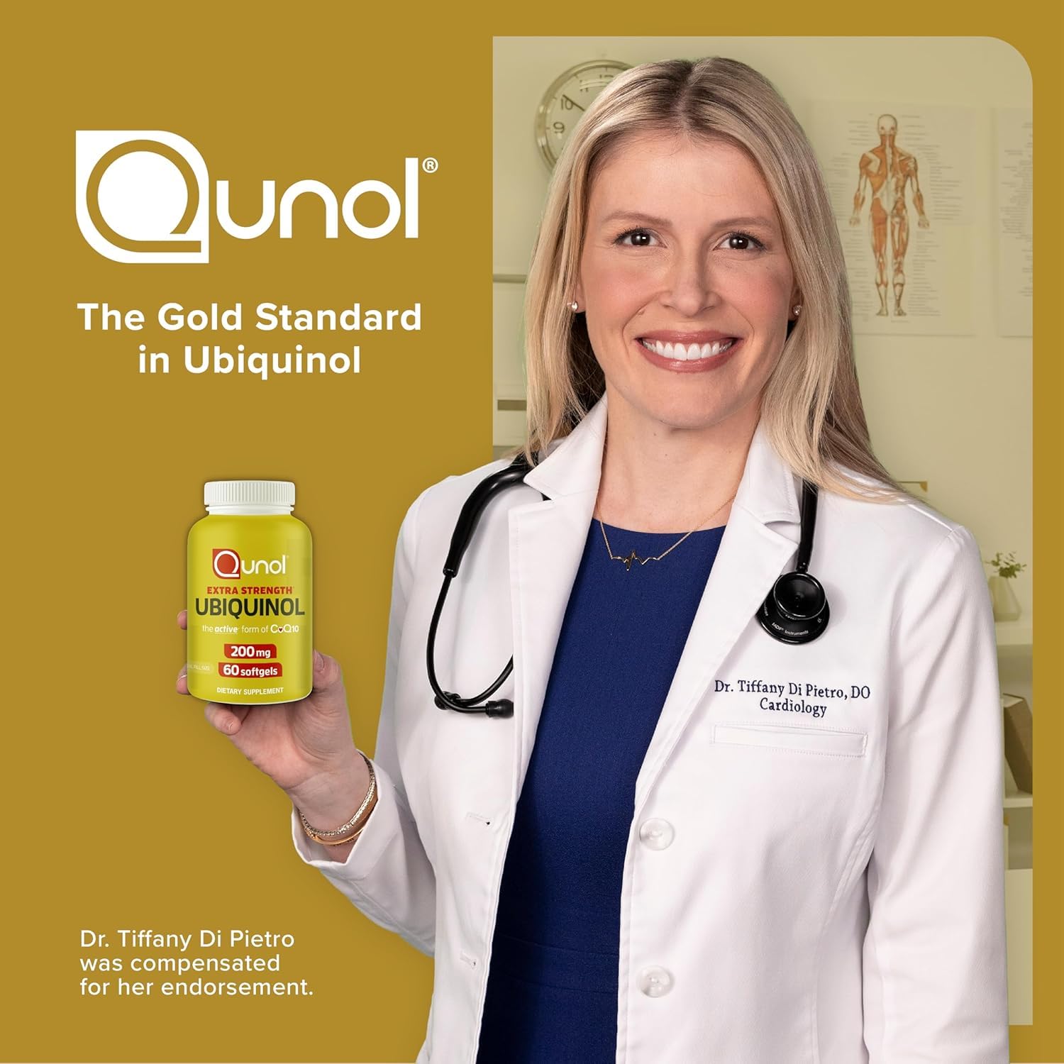 Qunol frasco en cocina junto a alimentos sanos para contexto