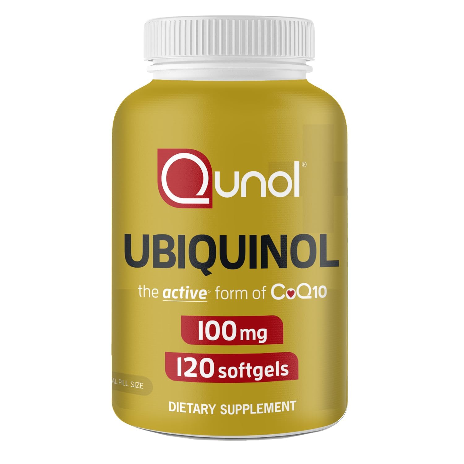 Qunol frasco frontal mostrando etiqueta y beneficio antioxidante