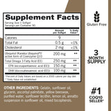 Qunol etiqueta cercana destacando ubiquinol y omega‑3 como beneficios