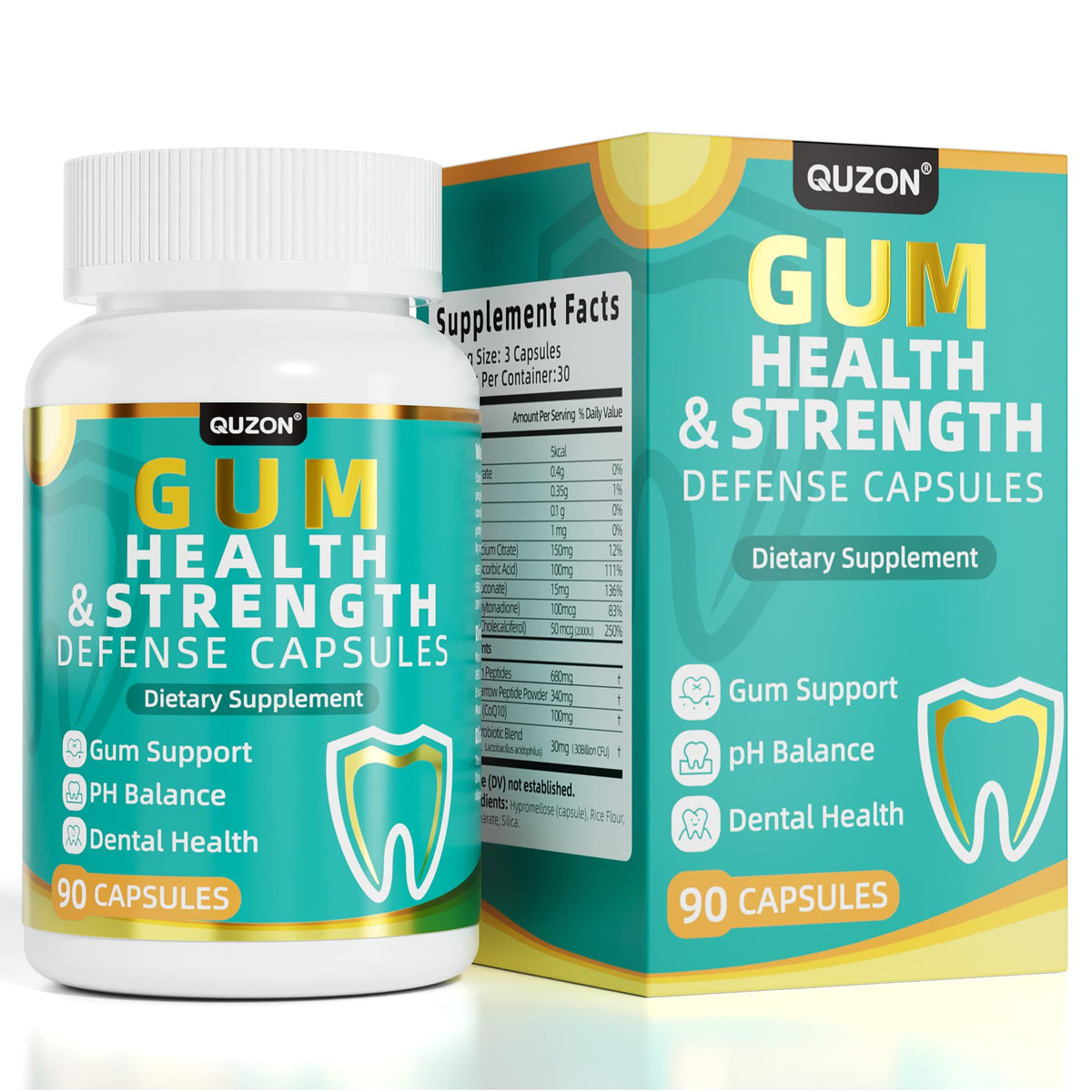 QUZON frente del envase mostrando 90 cápsulas y beneficio de soporte gingival