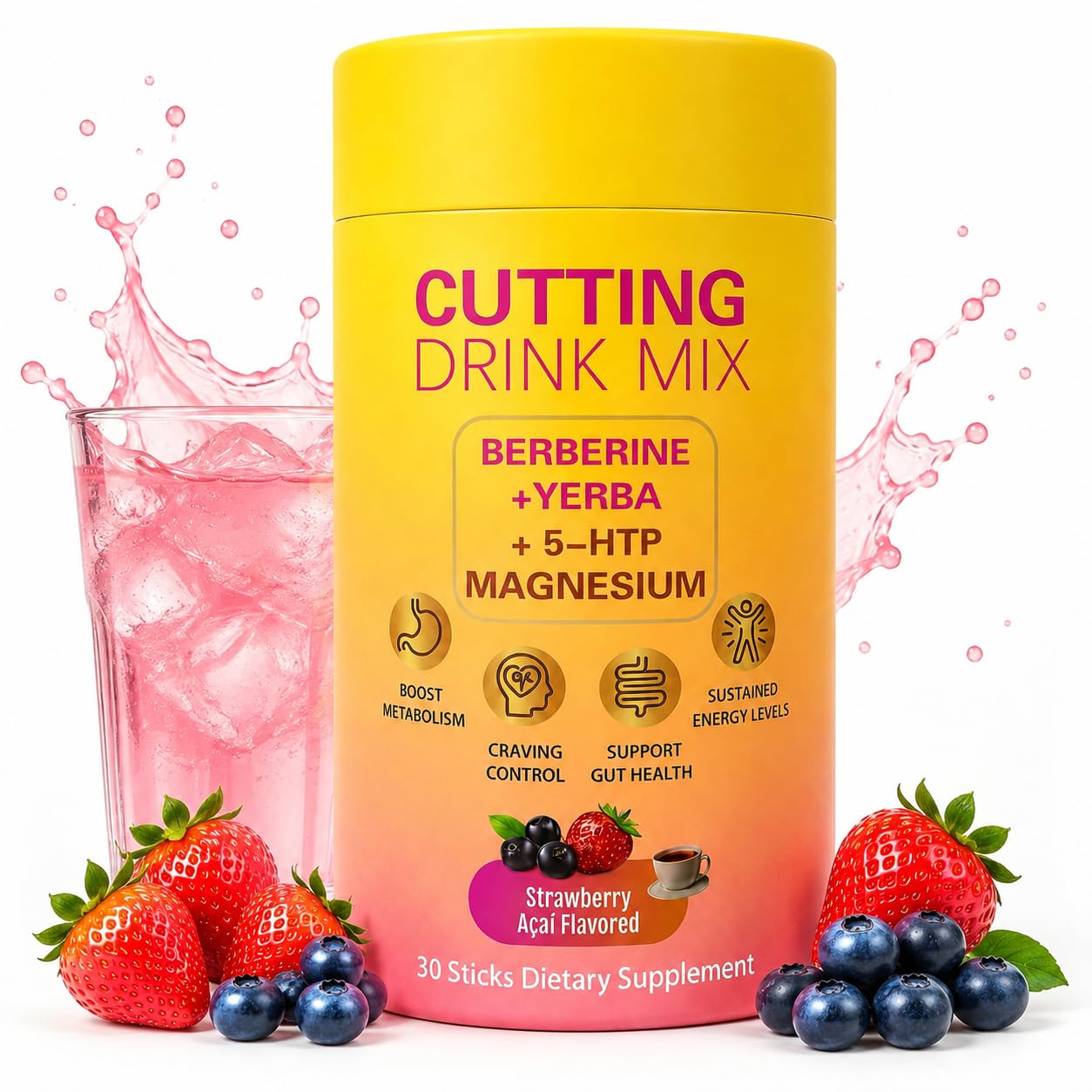 QYGCHUSIN envase frontal fresa açaí, vista clara del etiquetado y beneficios