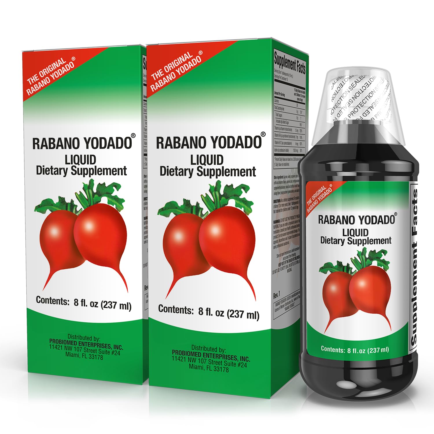 Rabano Yodado vista frontal del frasco mostrando la marca y facilidad de uso