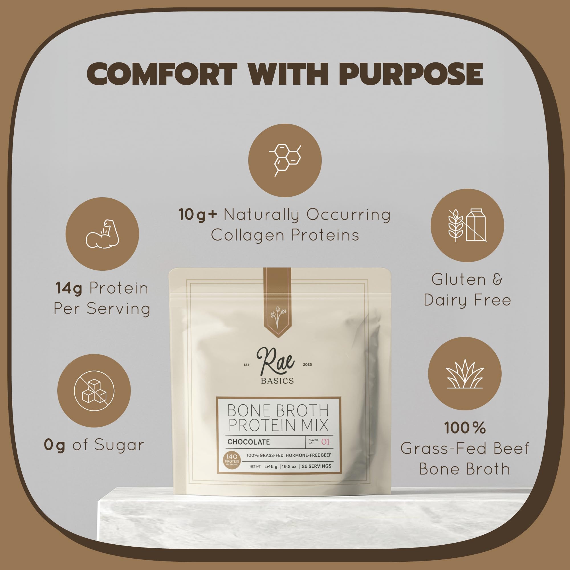 Rae Basics bebida caliente en taza, reconfortante y nutritiva