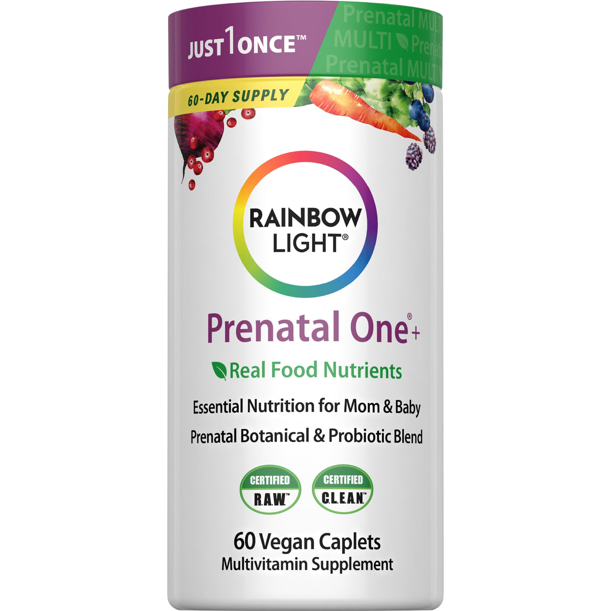 Rainbow Light embalaje frontal mostrando 60 comprimidos y beneficios clave