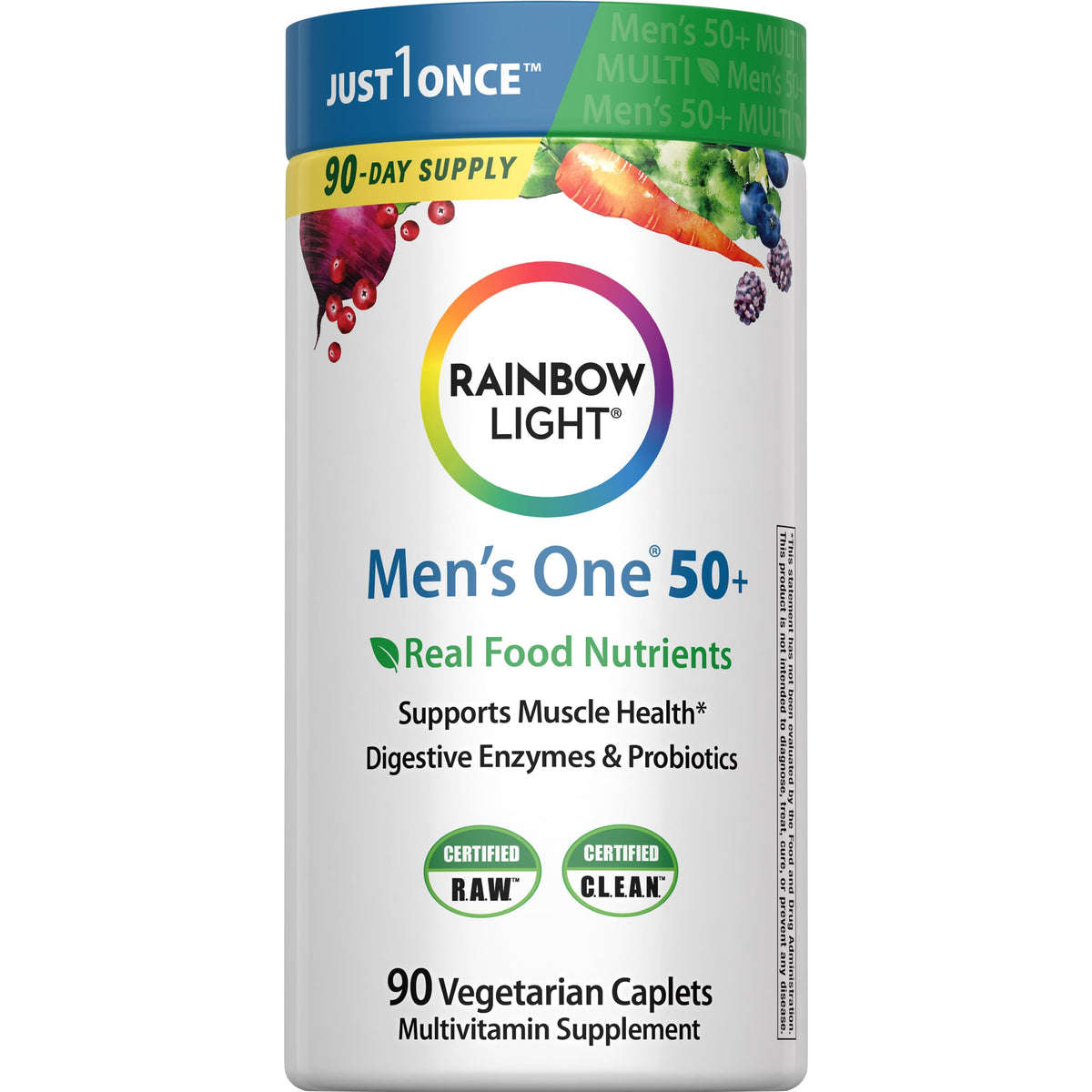 Frasco Rainbow Light Mens One 50+ mostrando la etiqueta y beneficio de soporte diario