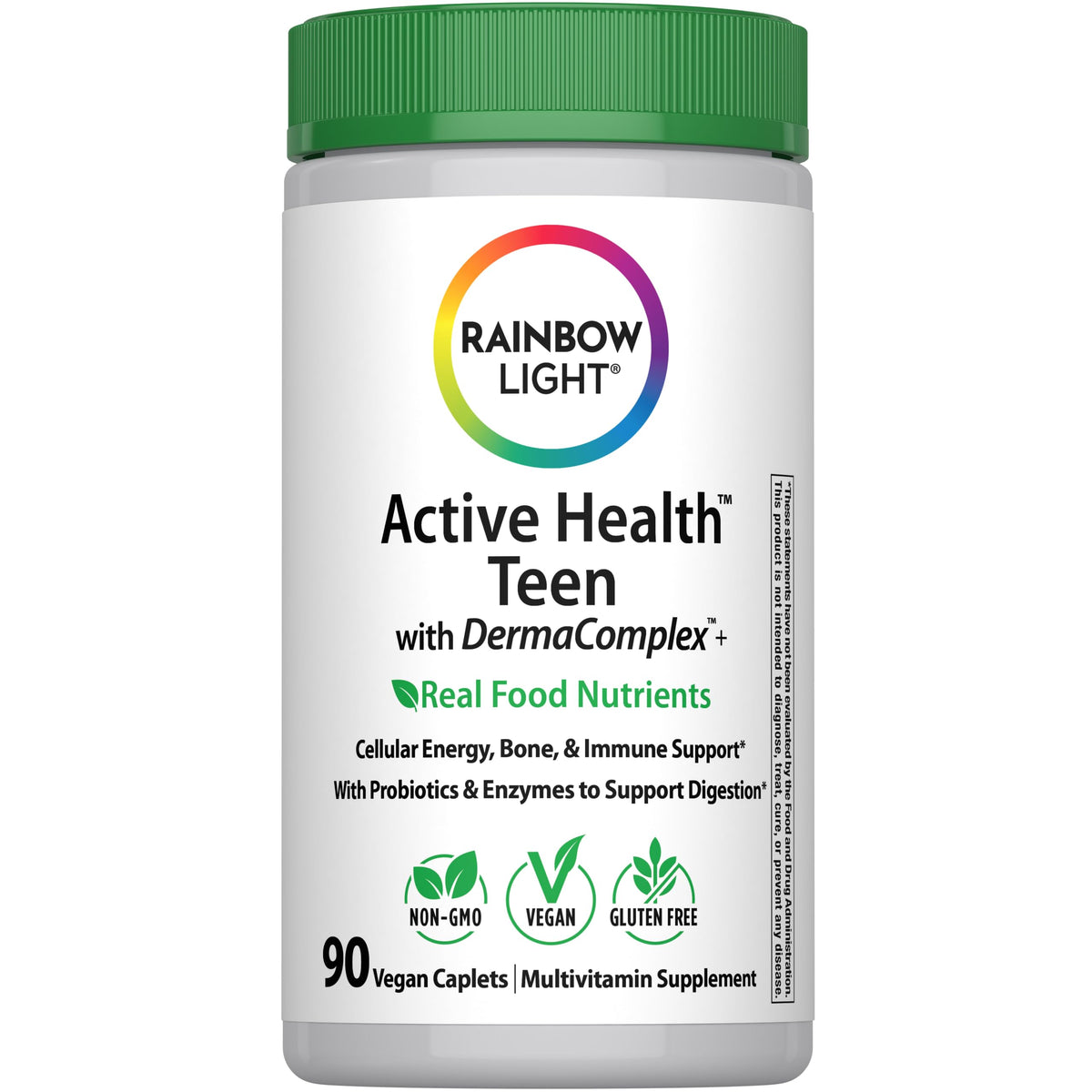 Rainbow Light frente del empaque mostrando 90 caplets y beneficios diarios