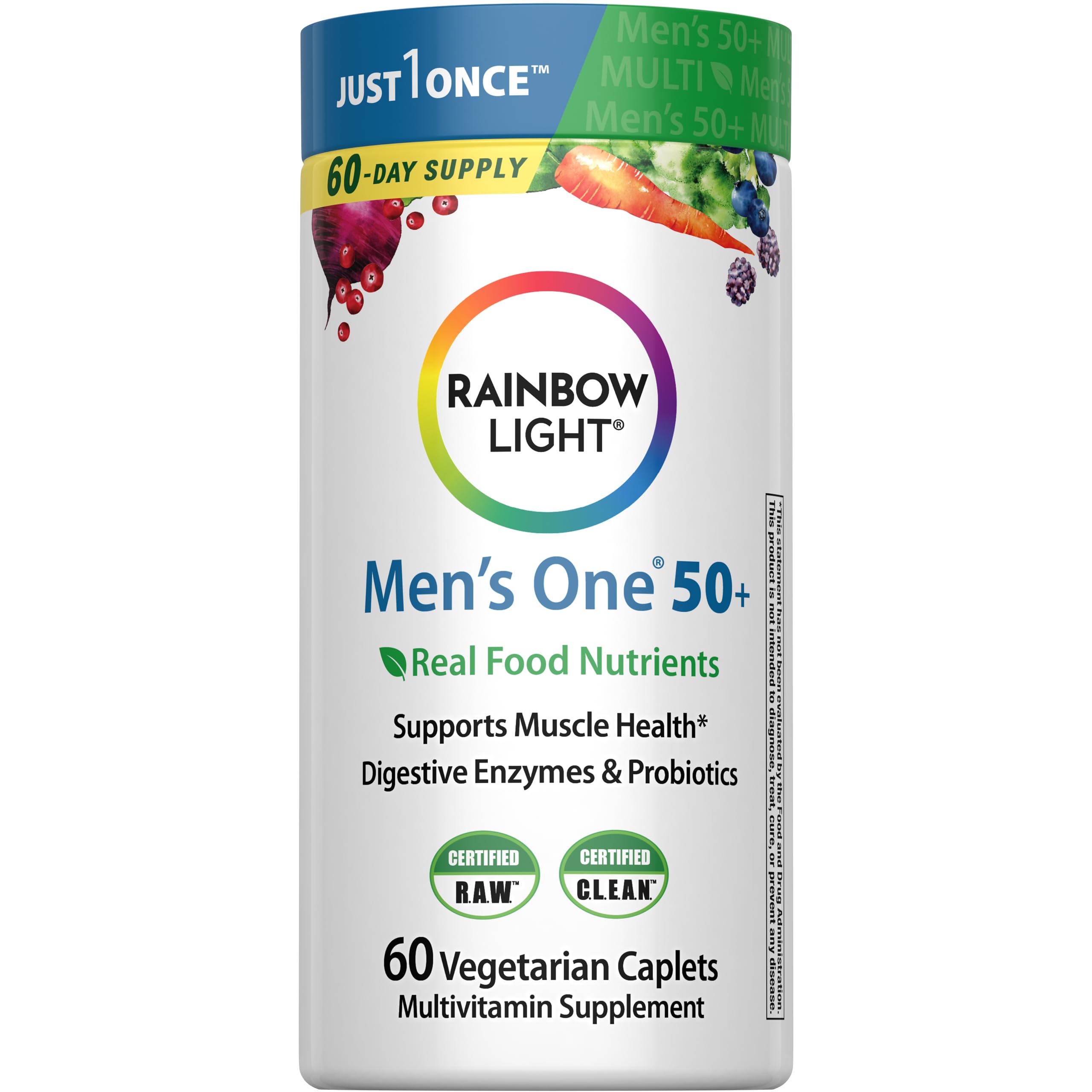 Rainbow Light frente del envase mostrando 60 caplets y beneficio de conveniencia