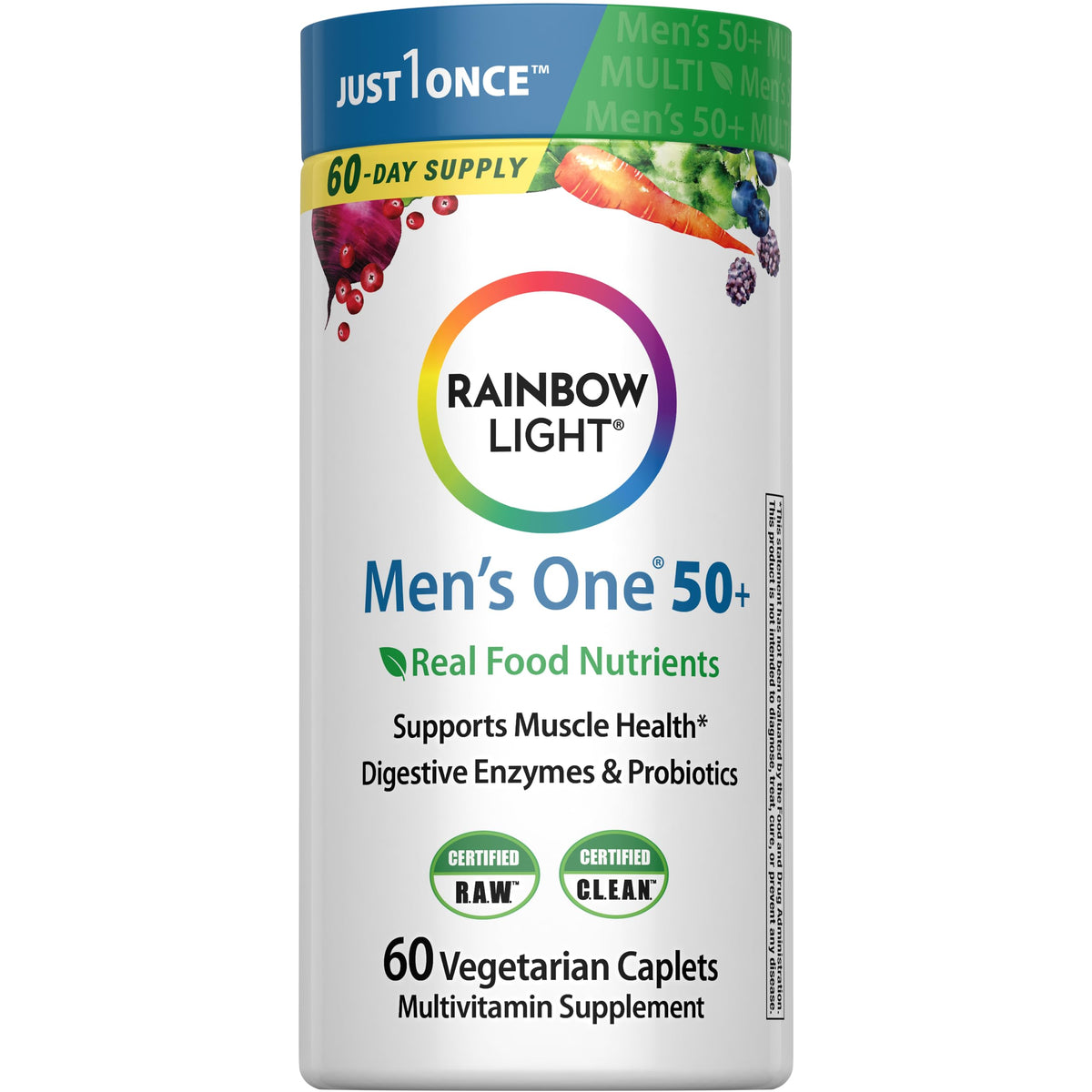 Rainbow Light frente del envase mostrando 60 caplets y beneficio de conveniencia
