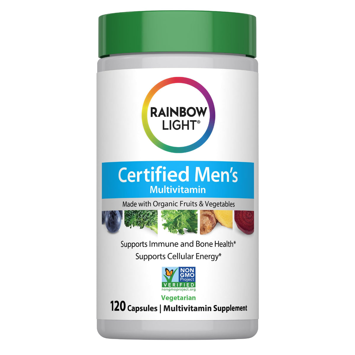 Rainbow Light envase frontal mostrando 120 cápsulas y beneficios diarios
