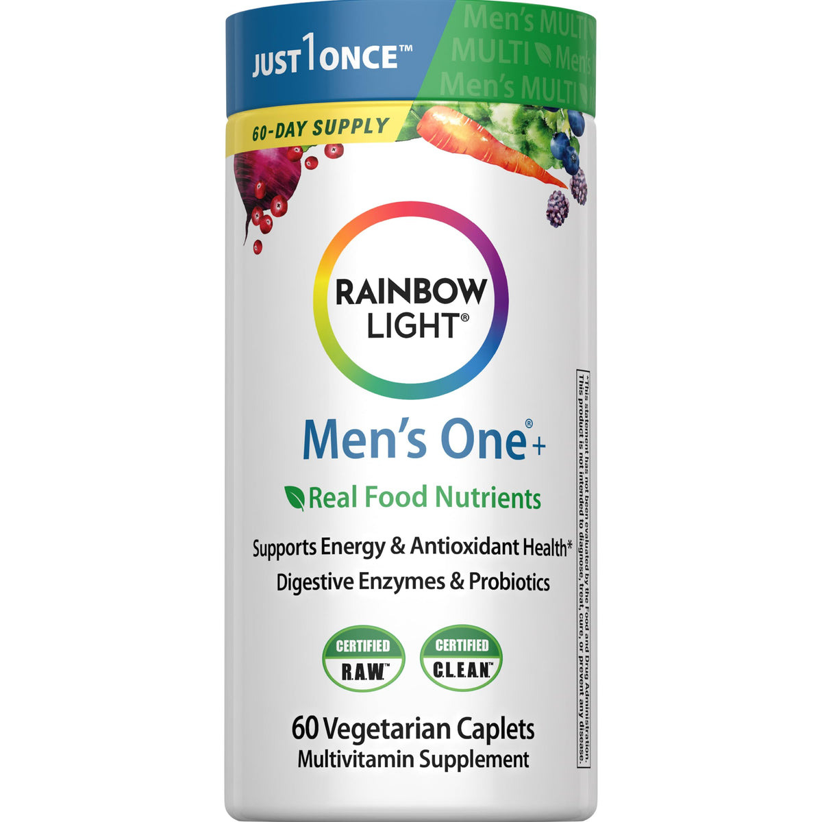 Rainbow Light Men's One+ presentación frontal mostrando estuche y botella, ayuda a elección informada