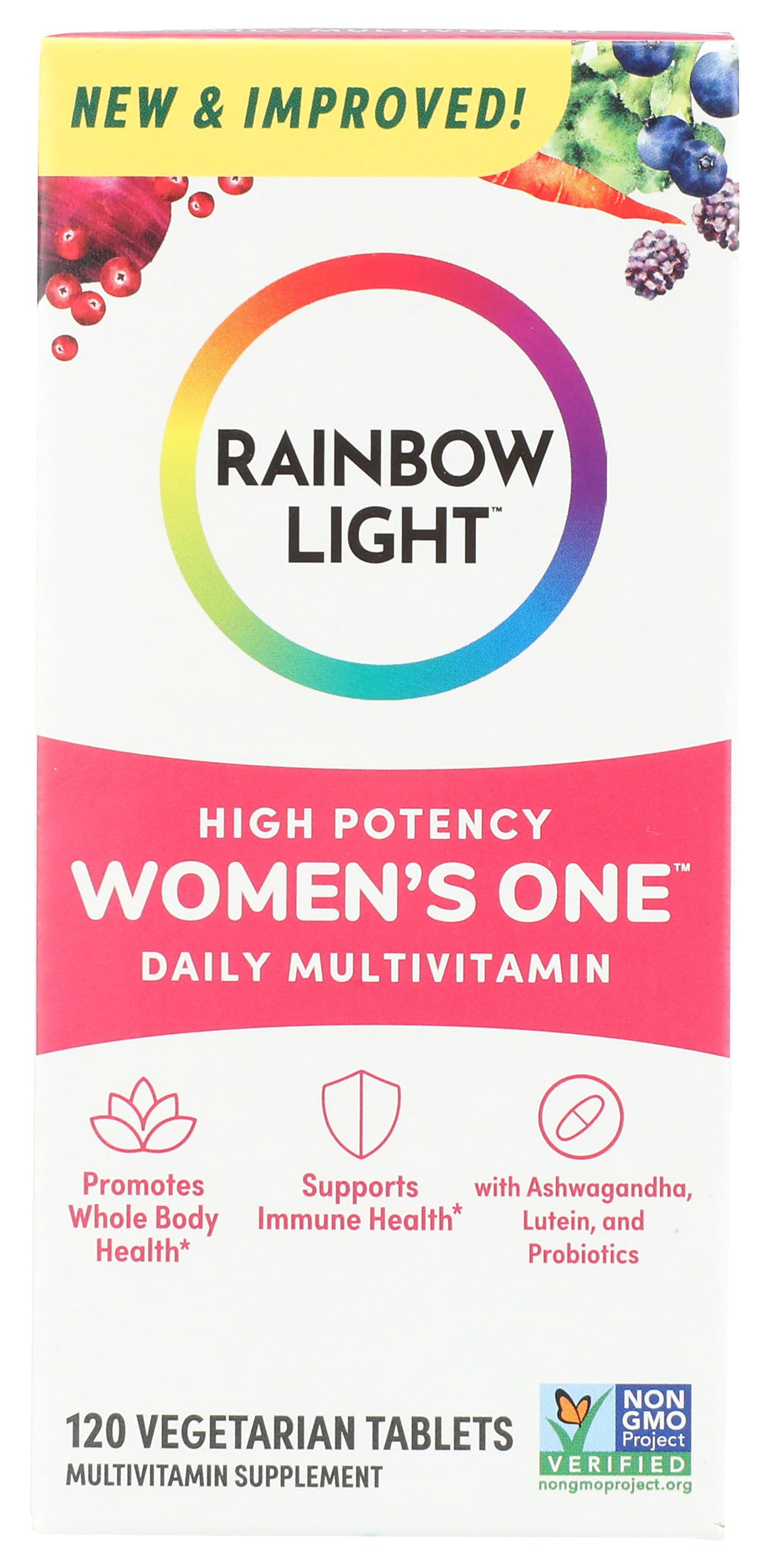Rainbow Light envase frontal mostrando multivitamínico femenino y beneficios