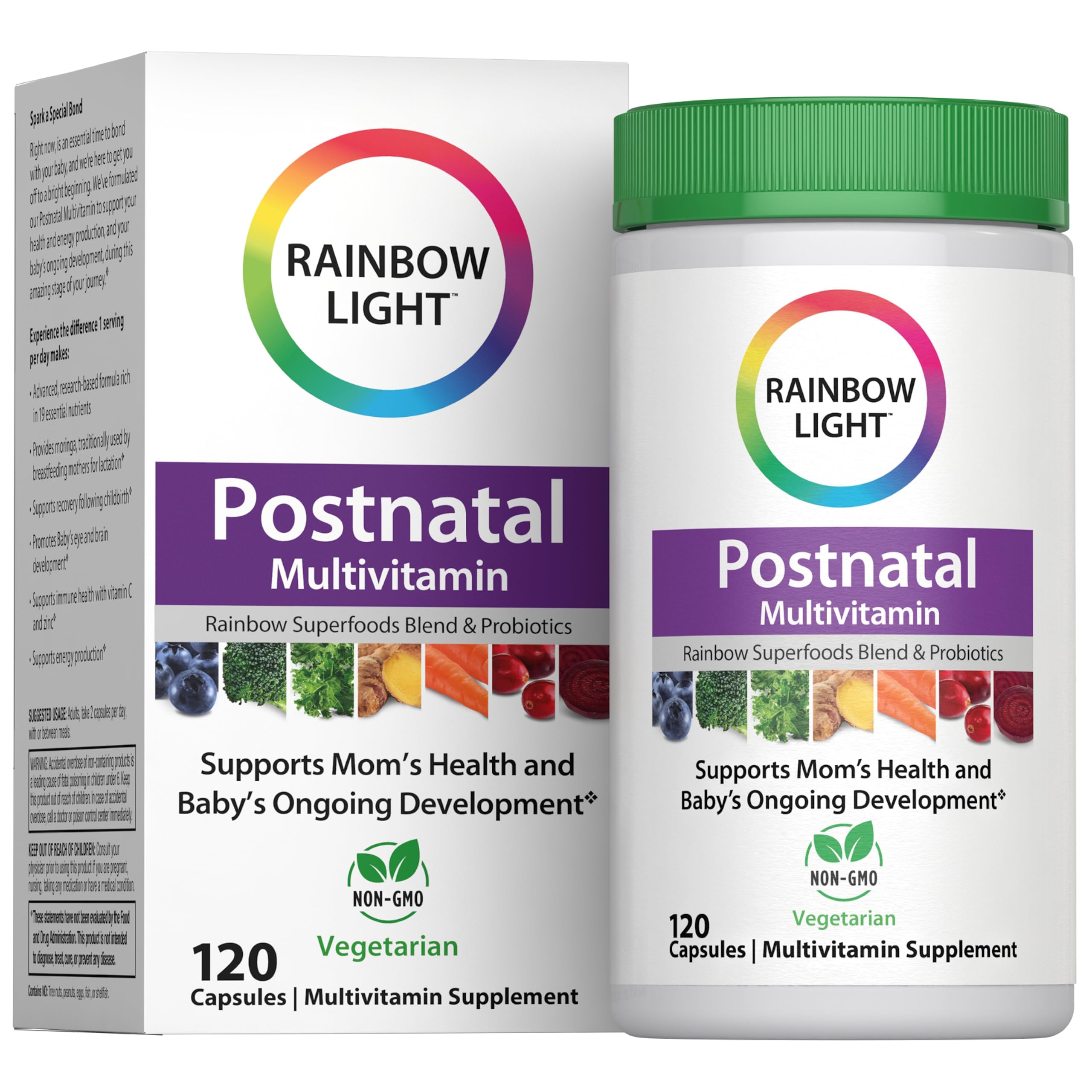 Rainbow Light frente del empaque mostrando las 120 cápsulas y beneficios