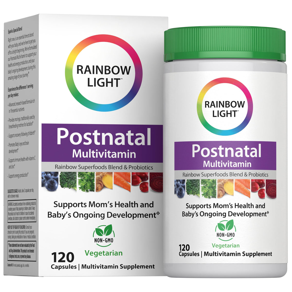 Rainbow Light frente del empaque mostrando las 120 cápsulas y beneficios